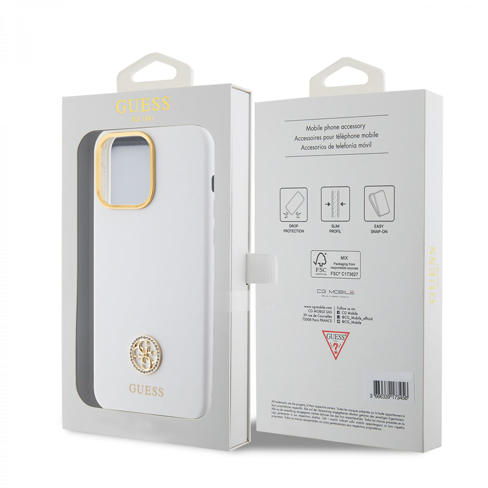Guess "4G Strass Logo Collection" Case Θήκη προστασίας από σιλικόνη – iPhone 15 Pro Max (White – GUHCP15XM4DGPH)