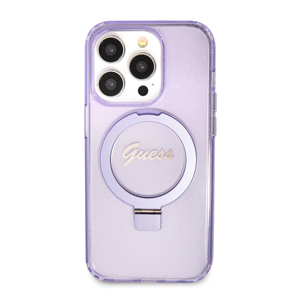 Guess MagSafe Ring Stand Glitter Hard Case Script Logo Θήκη προστασίας από σιλικόνη – iPhone 15 Pro (Διάφανη / Μωβ – GUHMP15LHRSGSU)