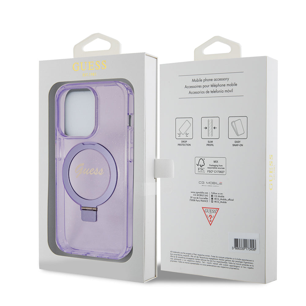 Guess MagSafe Ring Stand Glitter Hard Case Script Logo Θήκη προστασίας από σιλικόνη – iPhone 15 Pro (Διάφανη / Μωβ – GUHMP15LHRSGSU)