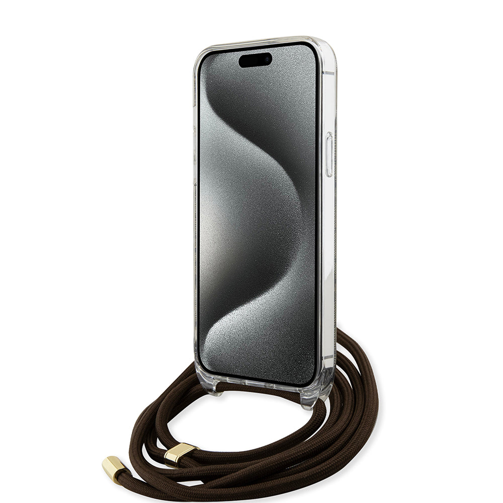 Guess "4G Logo Collection" Crossbody Hard Case Script Metal Logo Θήκη προστασίας από σιλικόνη με λουράκι – iPhone 15 Pro (Καφέ – GUHCP15LHC4SEW)