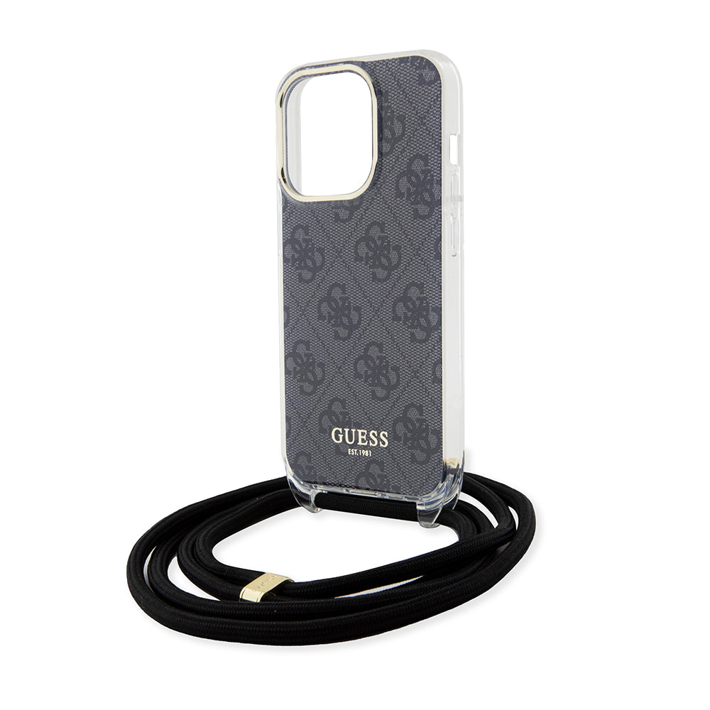 Guess "4G Logo Collection" Crossbody Hard Case Script Metal Logo Θήκη προστασίας από σιλικόνη με λουράκι – iPhone 15 Pro (Μαύρο – GUHCP15LHC4SEK)