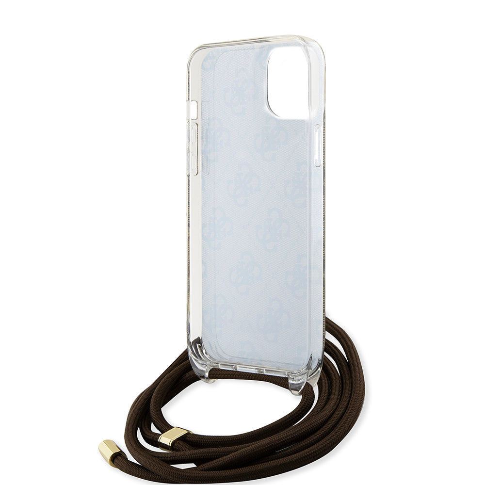 Guess "4G Logo Collection" Crossbody Hard Case Script Metal Logo Θήκη προστασίας από σιλικόνη με λουράκι – iPhone 15 (Καφέ – GUHCP15SHC4SEW)