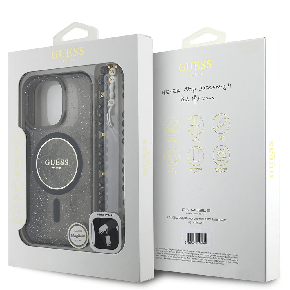 Guess Magsafe “Glitter with Pearl Strap” Hard Case Θήκη προστασίας από σκληρό πλαστικό – iPhone 16 Pro (Μαύρο – GUHMP16LHGCRELSK)