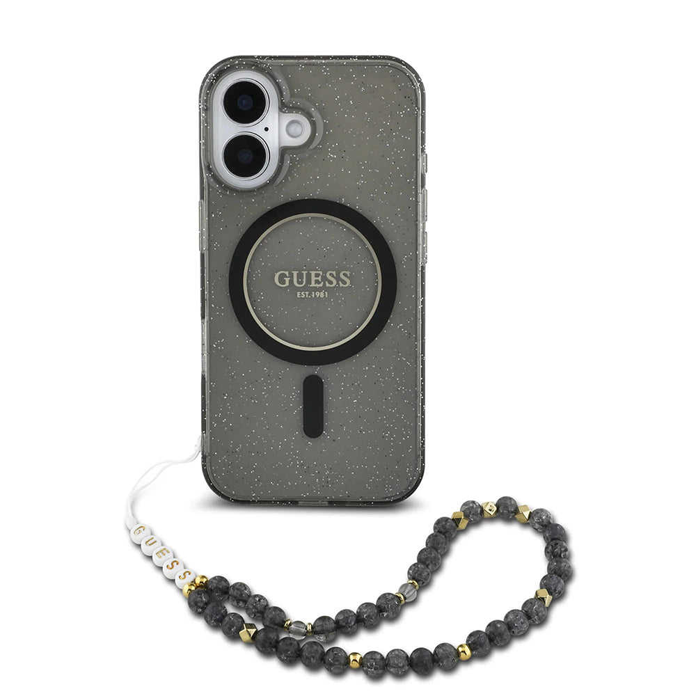 Guess Magsafe “Glitter with Pearl Strap” Hard Case Θήκη προστασίας από σκληρό πλαστικό – iPhone 16 (Μαύρο – GUHMP16SHGCRELSK)