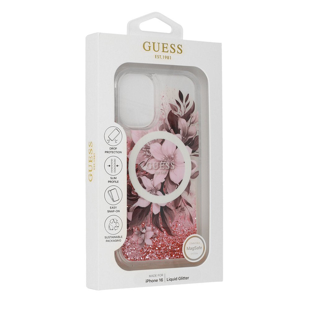 Guess Magsafe “Liquid Glitter Flower" Hard Case Θήκη προστασίας από σκληρό πλαστικό – iPhone 16 (Ροζ – GUHMP16SLFMWTP)