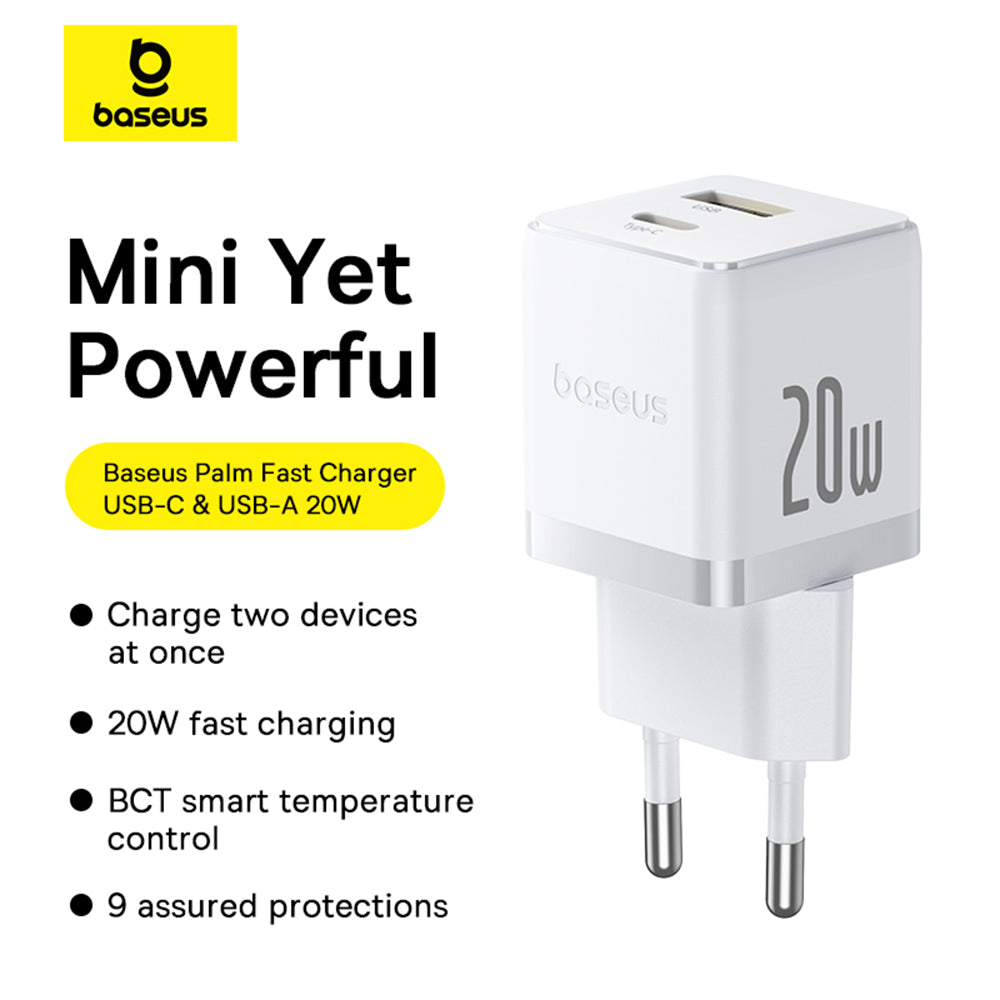 Baseus - Wall Charger Palm (P10111608213-01) - Type-C Cable Included, 2in1 Fast Charger, USB, USB-C, 20W, 5V/3.0A, 1m - Moon White