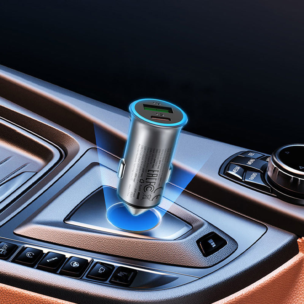 Acefast - Car Charger (B16) - Fast Charge, USB, Type-C, 95W, PD3.0, Ice-blue Ambient Light, Aluminium Alloy - Metal Gray