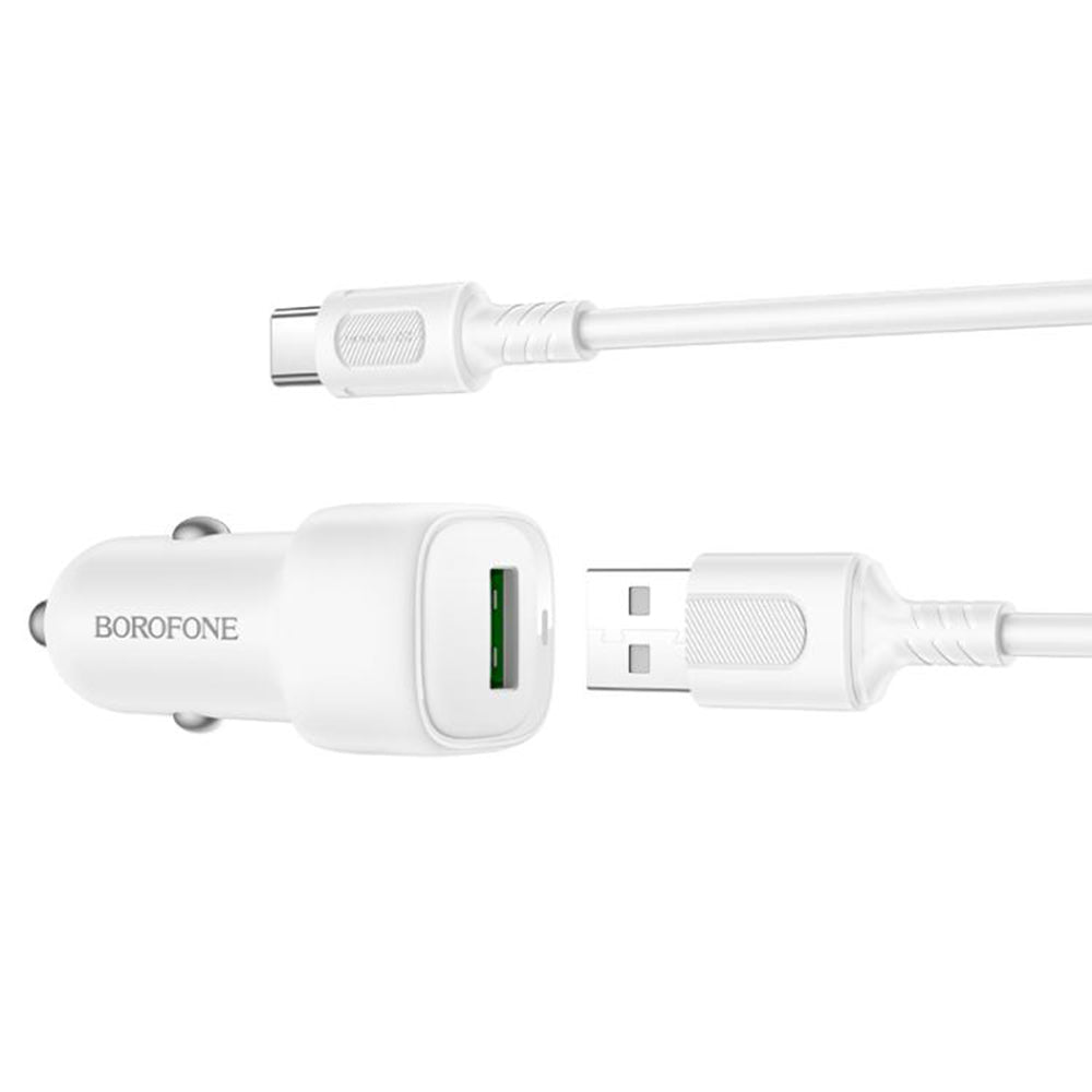 Borofone - Car Charger Cloud (BZ34) - USB-A/C Cable Included, Single Port USB-A, 18W (QC/FCP/AFC), ABS, for DC 12-24V - White