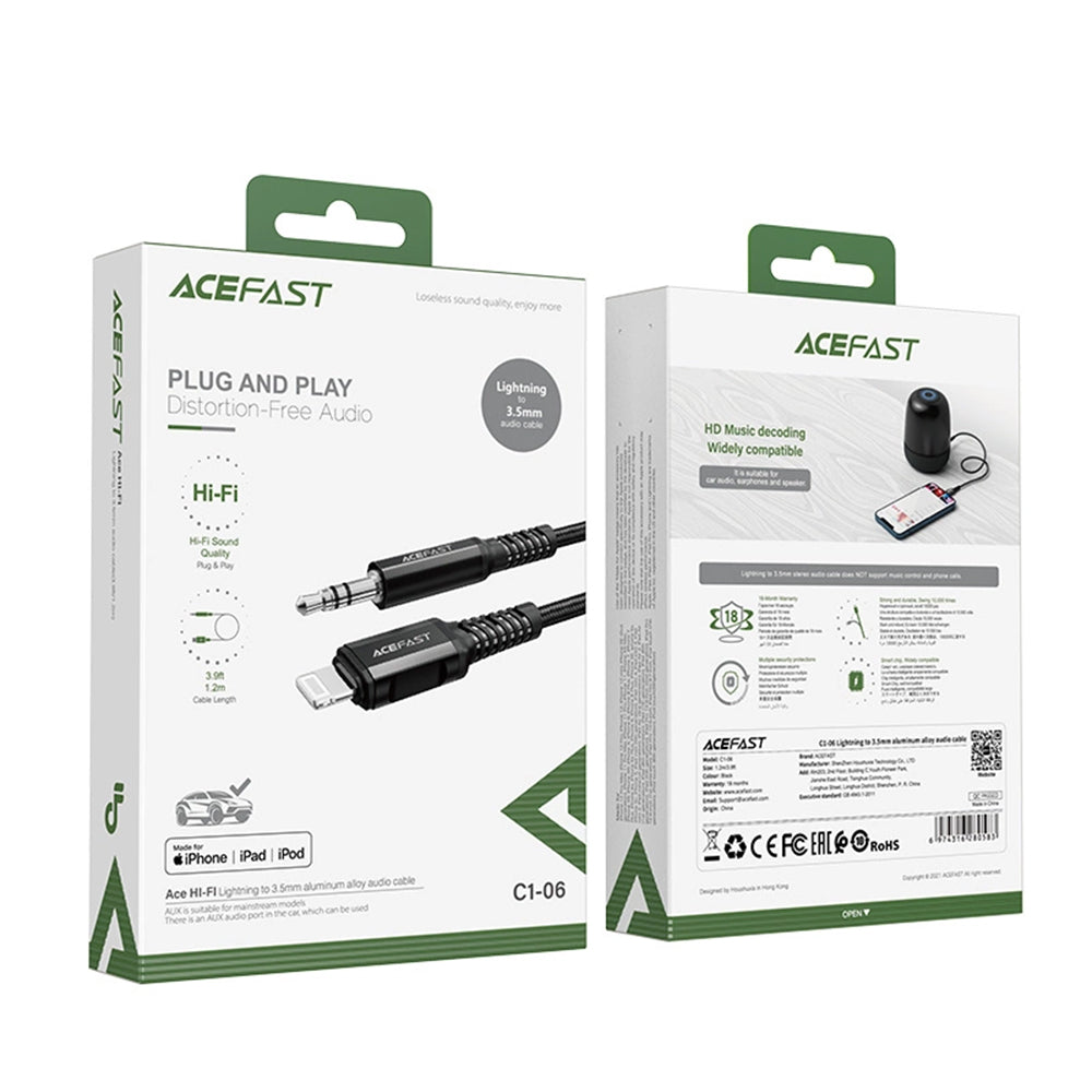Acefast - Audio Cable Adapter (C1-06) - Lightning to Jack 3.5mm Male, Apple Hi-Fi, Plug & Play, MFi Certified, 1.2m - Black