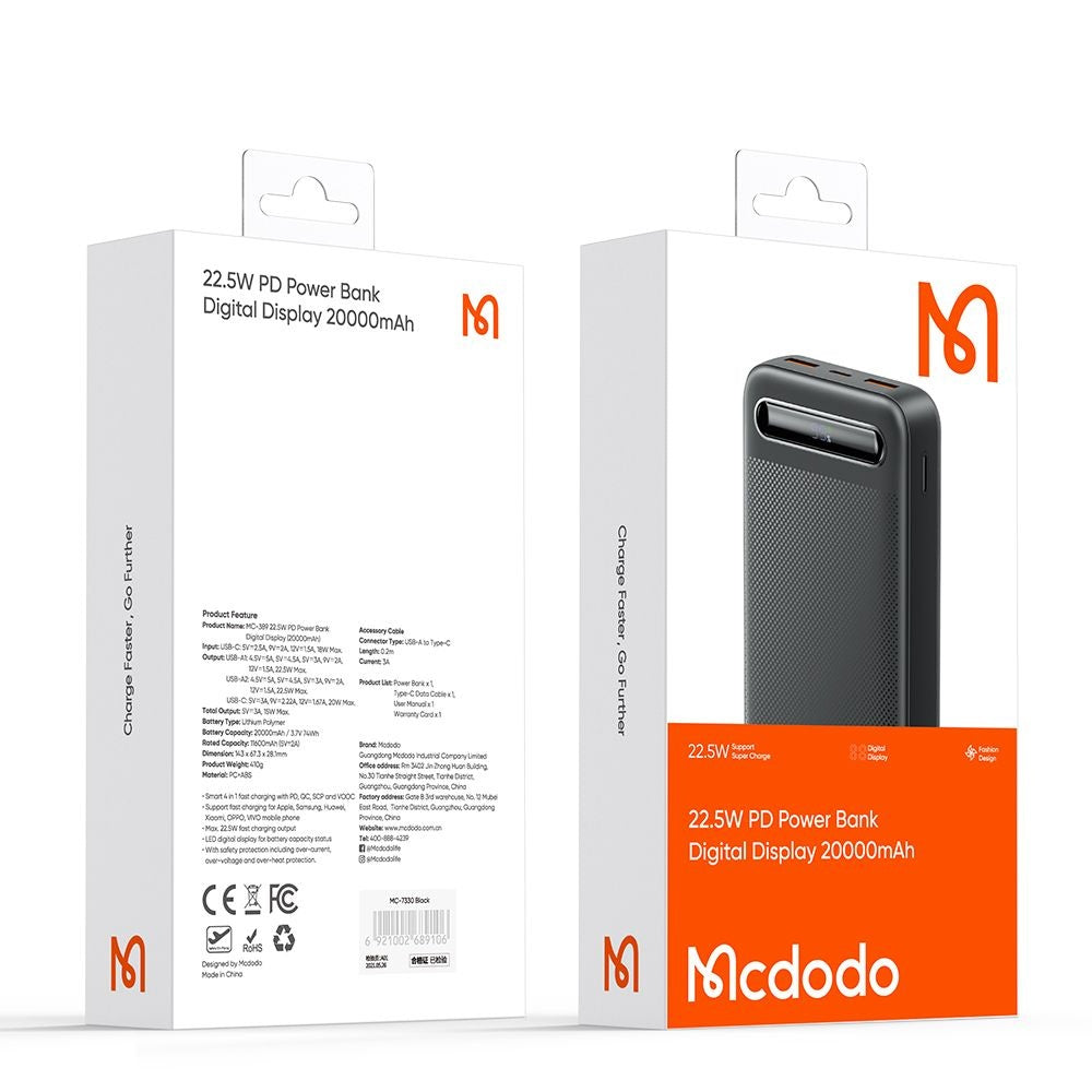 Mcdodo - Power Bank Star Series (MC-3891) - USB-C + 2x USB, 20000mAh, 22.5W, Digital Display - Black