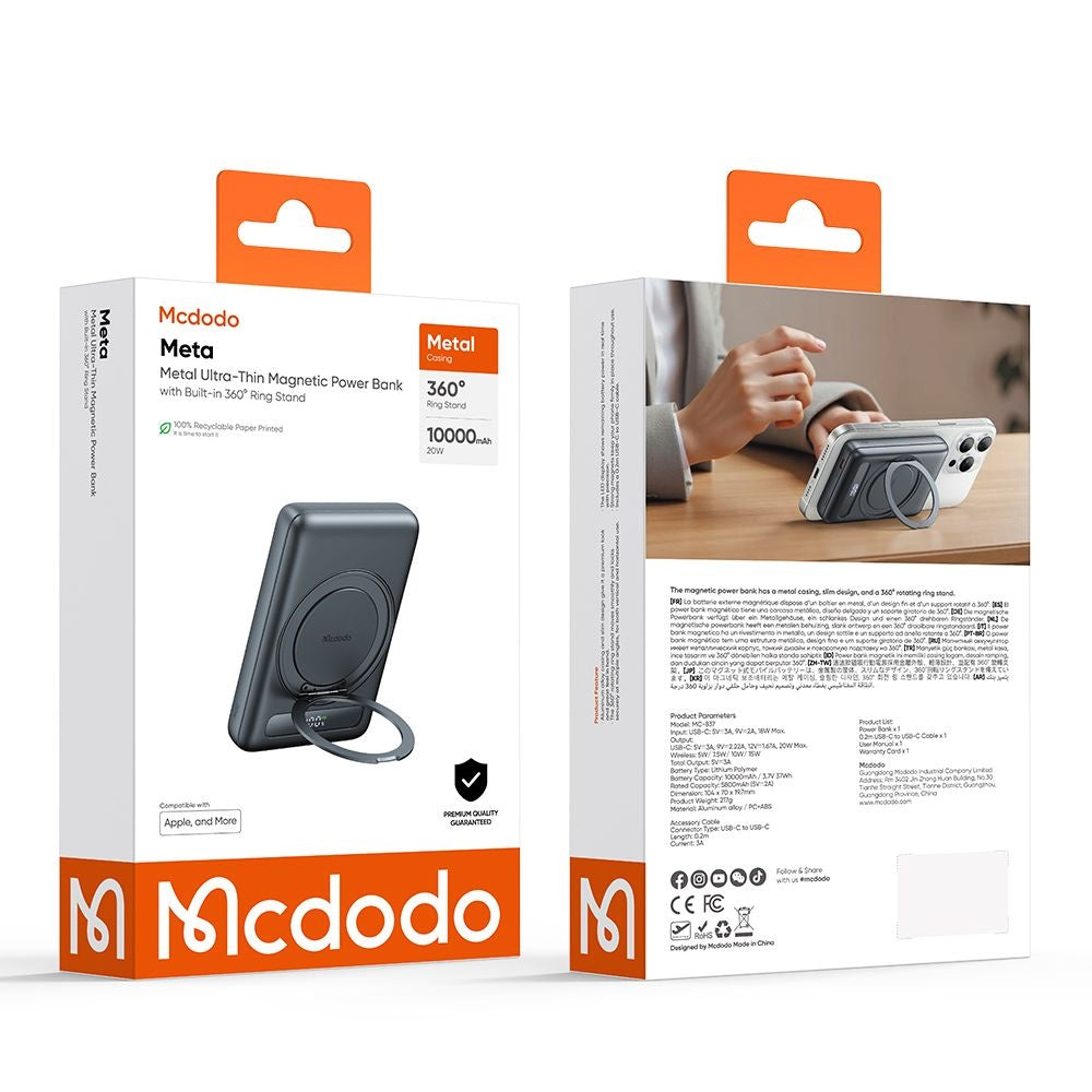Mcdodo - Magnetic Power Bank Meta Series (MC-8371) - Built-in 360° Ring Stand, 10000mAh, 20W, Digital Display - Dark Grey