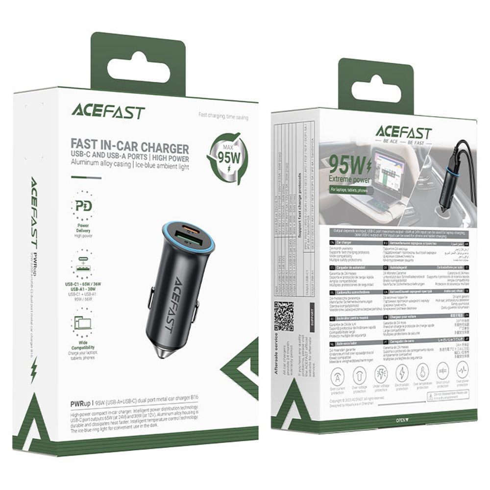 Acefast - Car Charger (B16) - Fast Charge, USB, Type-C, 95W, PD3.0, Ice-blue Ambient Light, Aluminium Alloy - Metal Gray