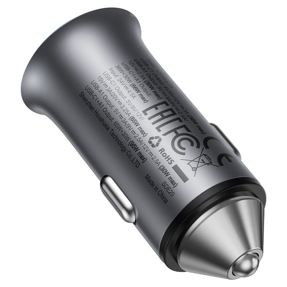 Acefast - Car Charger (B16) - Fast Charge, USB, Type-C, 95W, PD3.0, Ice-blue Ambient Light, Aluminium Alloy - Metal Gray