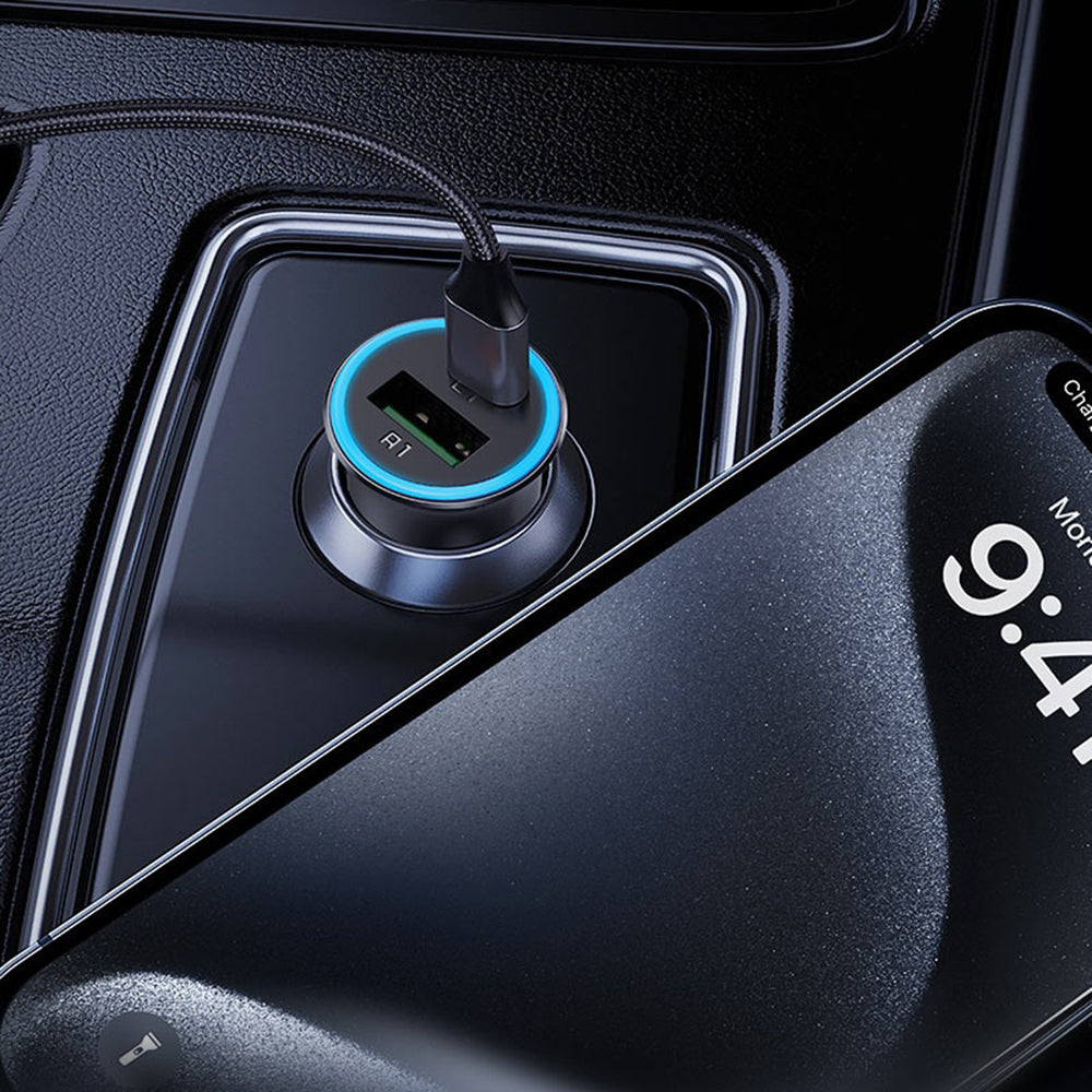 Acefast - Car Charger (B16) - Fast Charge, USB, Type-C, 95W, PD3.0, Ice-blue Ambient Light, Aluminium Alloy - Metal Gray