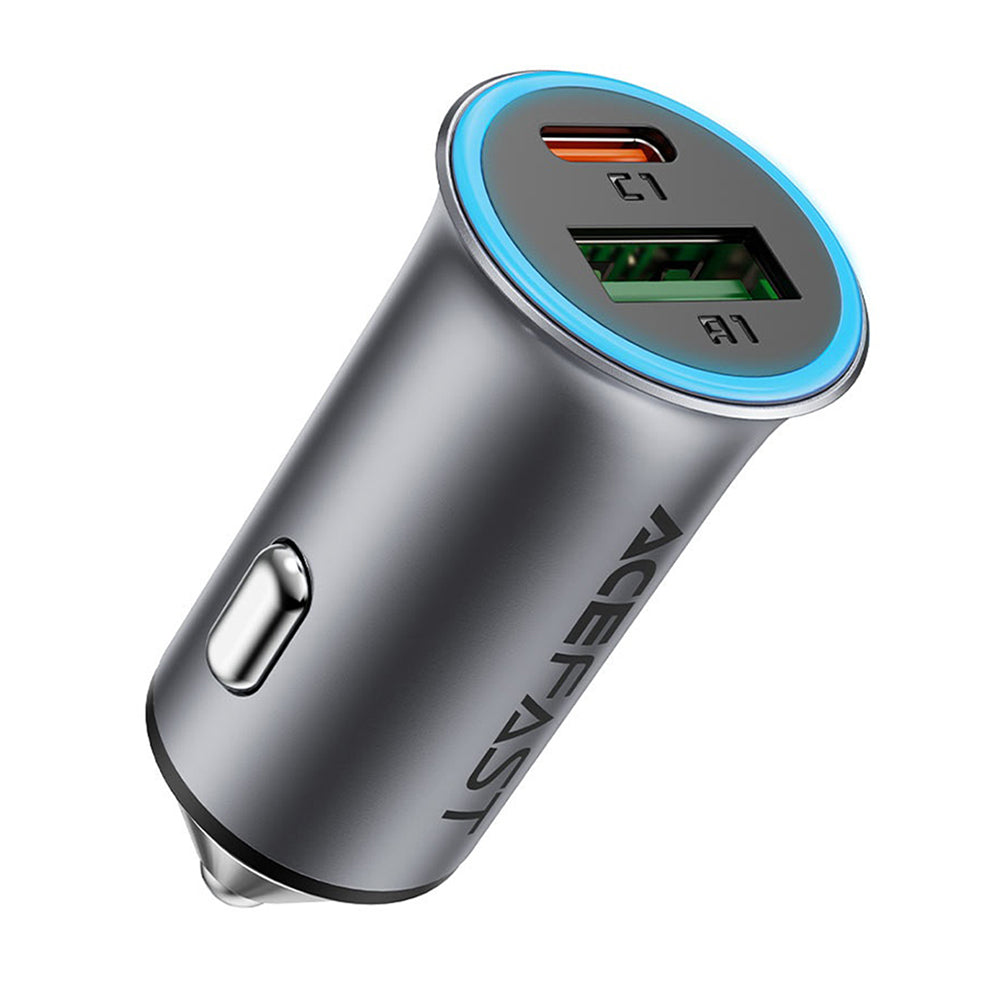 Acefast - Car Charger (B16) - Fast Charge, USB, Type-C, 95W, PD3.0, Ice-blue Ambient Light, Aluminium Alloy - Metal Gray