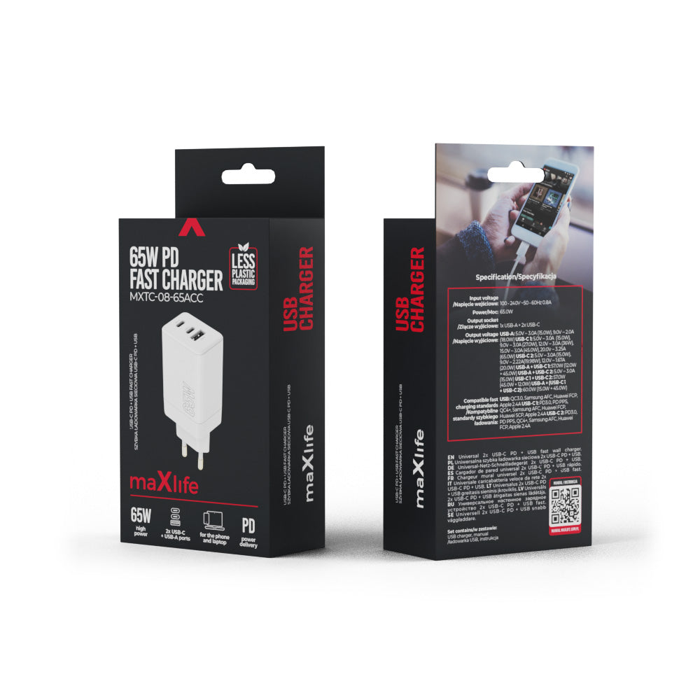 Maxlife MXTC‑08 (65ACC) Φορτιστής Επιτραπέζιος, 2× USB‑C & 1× USB‑A, 65 W – Λευκό