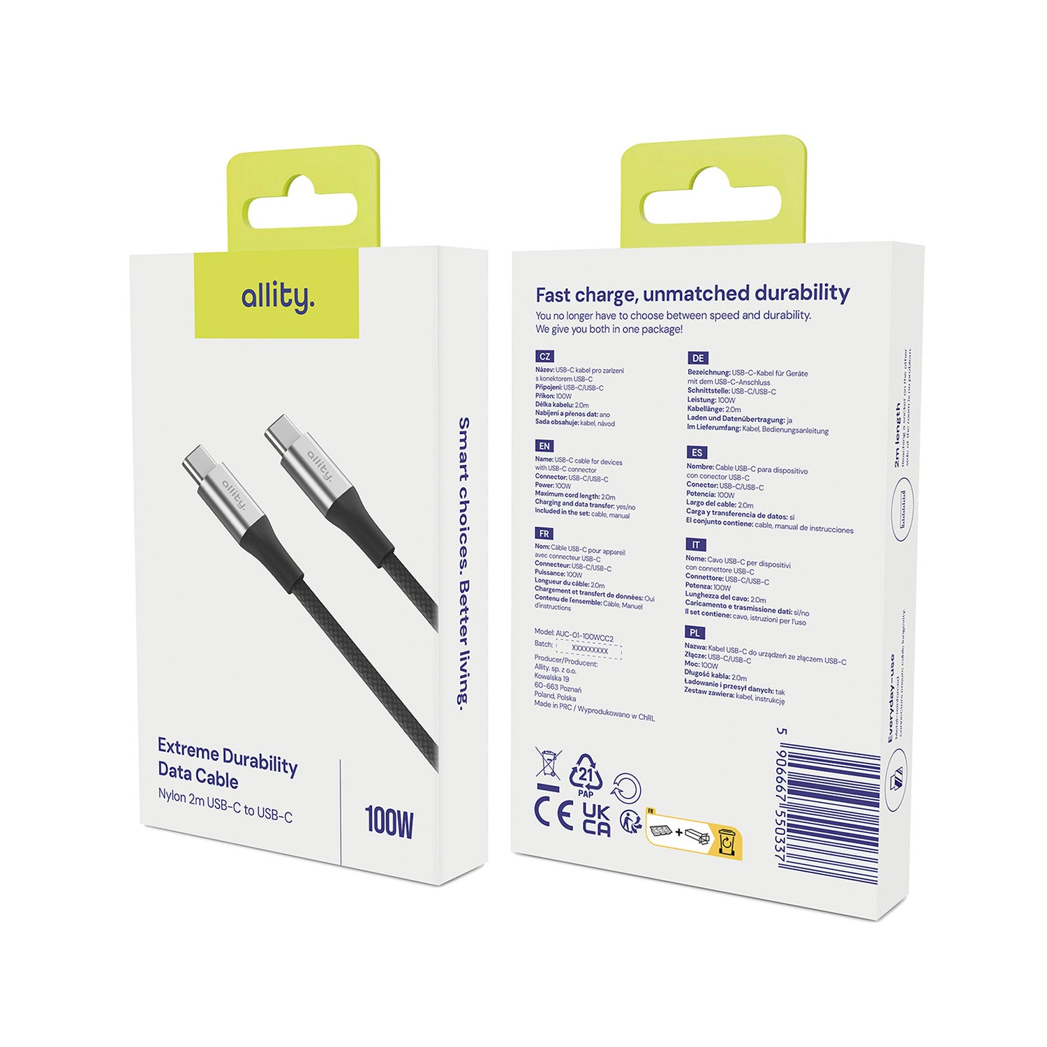 Καλώδιο Allity AUC-01 USB-c - USB-c 2,0 m 100W μαύρο