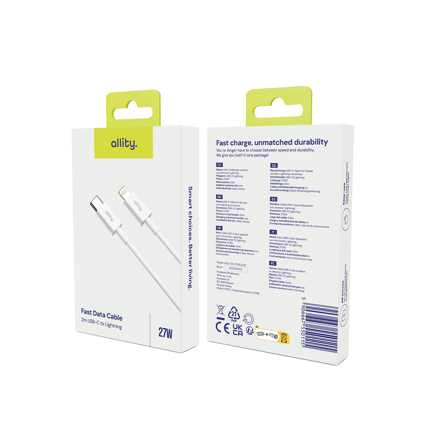 Καλώδιο Allity AUC-02 USB-c - lightning 2,0 m 27W λευκό