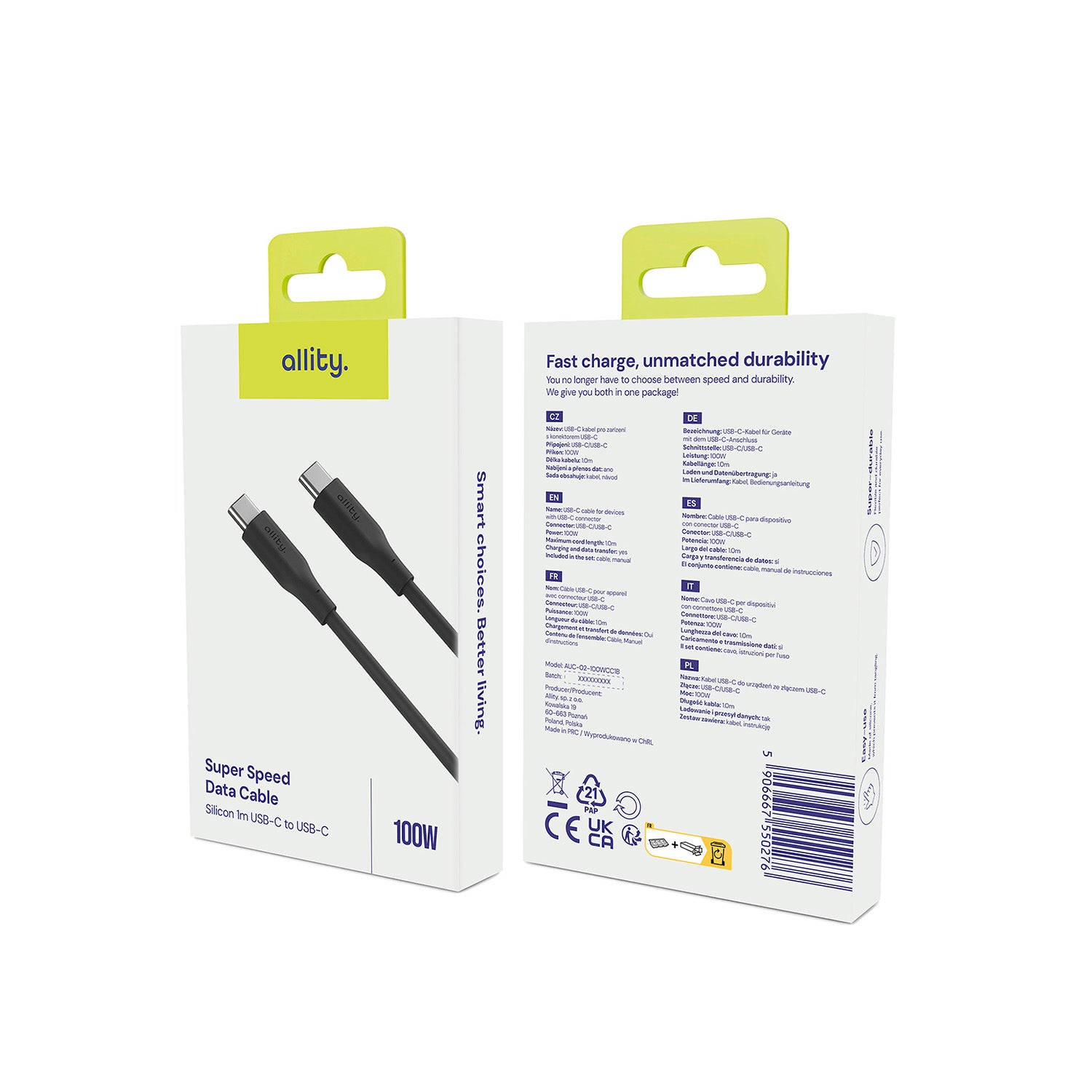 Καλώδιο Allity AUC-02 USB-c - USB-c 1,0 m 100W μαύρο