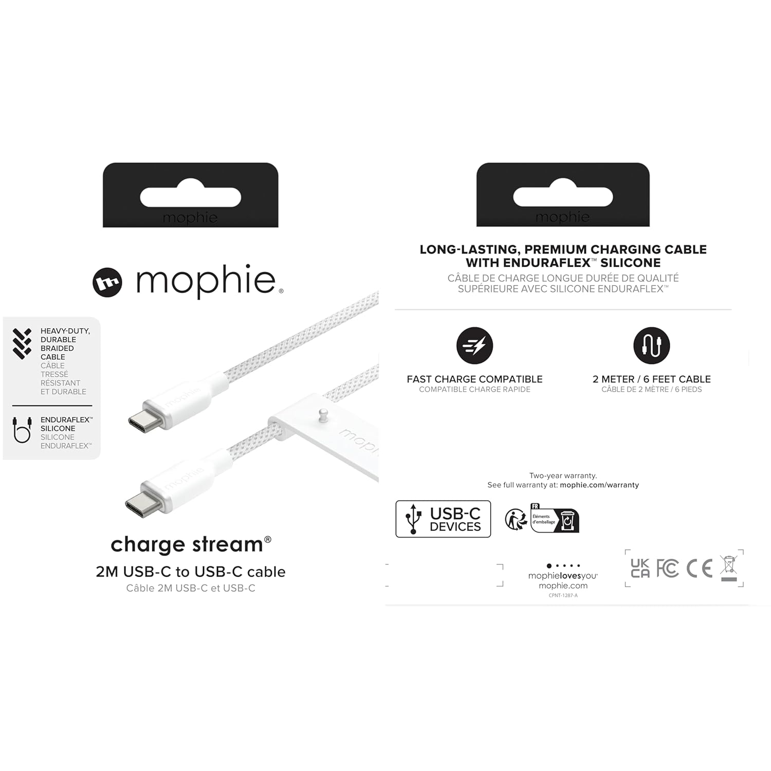 Mophie Charge Stream® Καλώδιο φόρτισης USB-C to USB-C (2 μέτρα – λευκό braided)