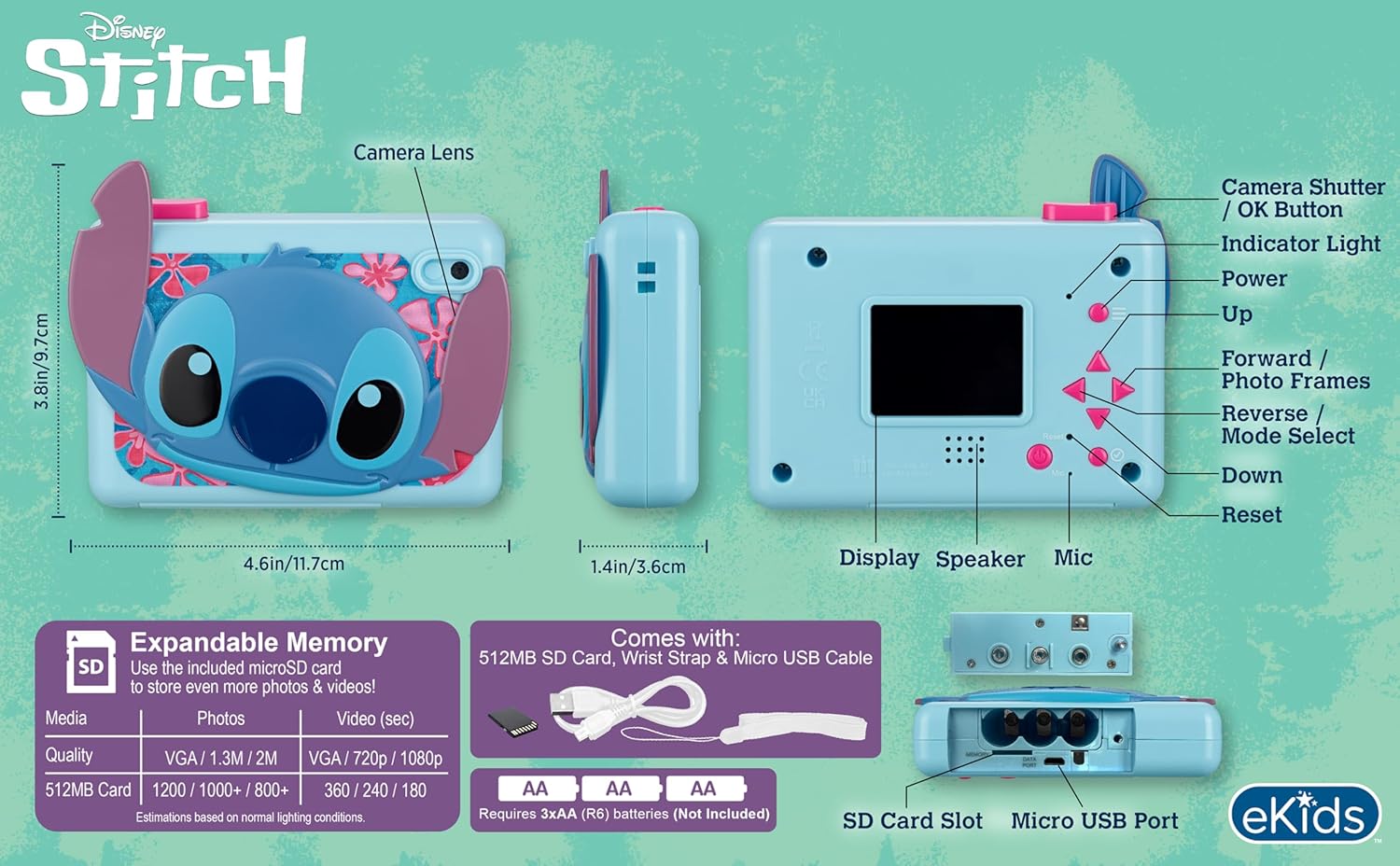 eKids Disney Stitch Digital Camera H πρώτη παιδική φωτογραφική μηχανή για παιδιά (SH-533) (Γαλάζιο/Μωβ)