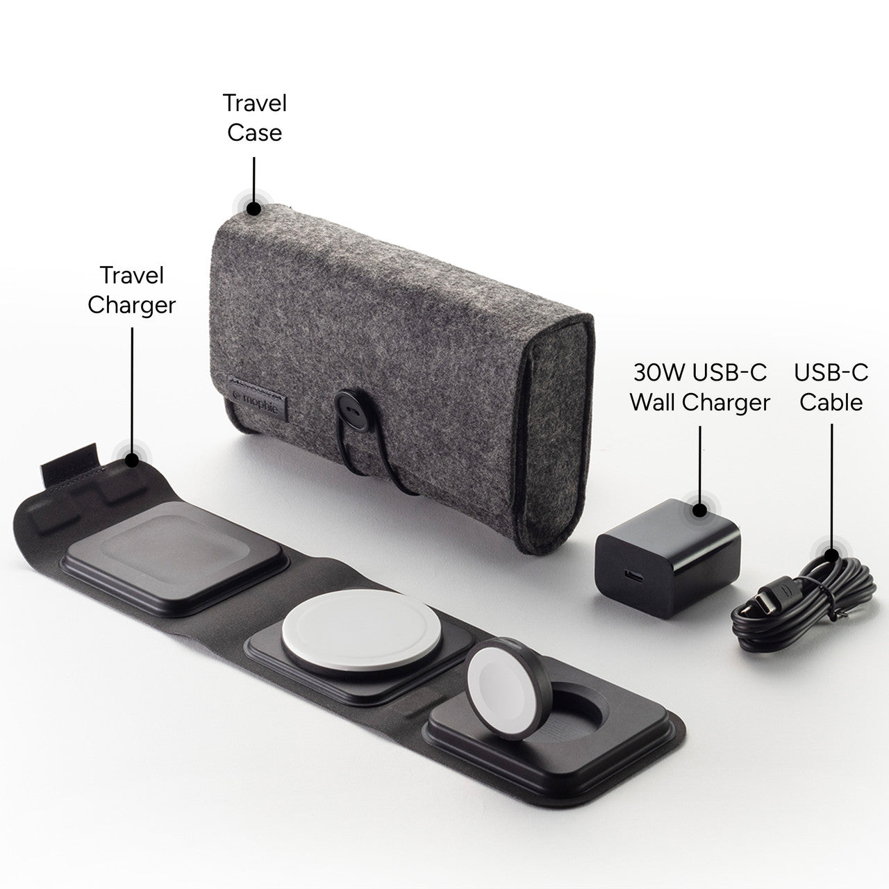 Mophie 3-in-1 Travel Charger with Magsafe Charge Adapter Μαγνητικός πολυφορτιστής ταξιδίου ισχύος 15W σε χρώμα μαύρο/γκρι