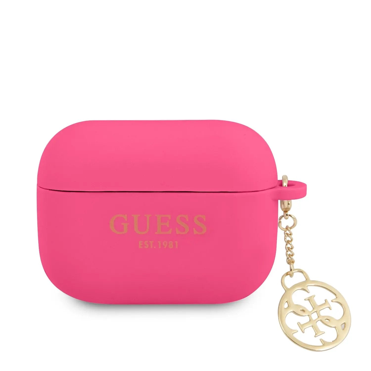 Guess Printed Gold Logo Θήκη προστασίας από σιλικόνη για Apple Airpods Pro με χρυσό κρεμαστό στολίδι (Φούξια) – PhoneBazaar