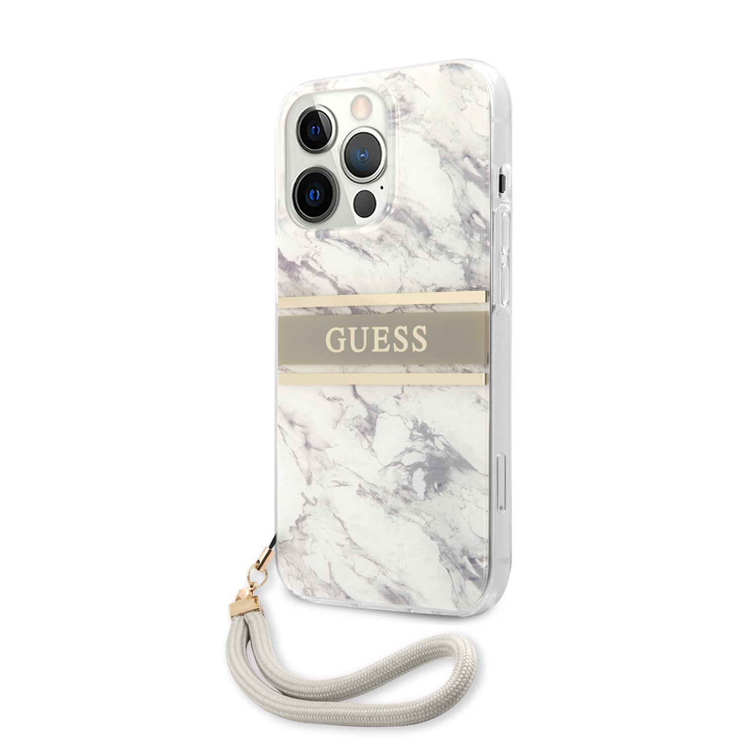 Guess "Marble Collection" Printed Stripe Θήκη προστασίας με όψη μαρμάρου και κορδονάκι χειρός – iPhone 13 Pro (Γκρι/Λευκό)