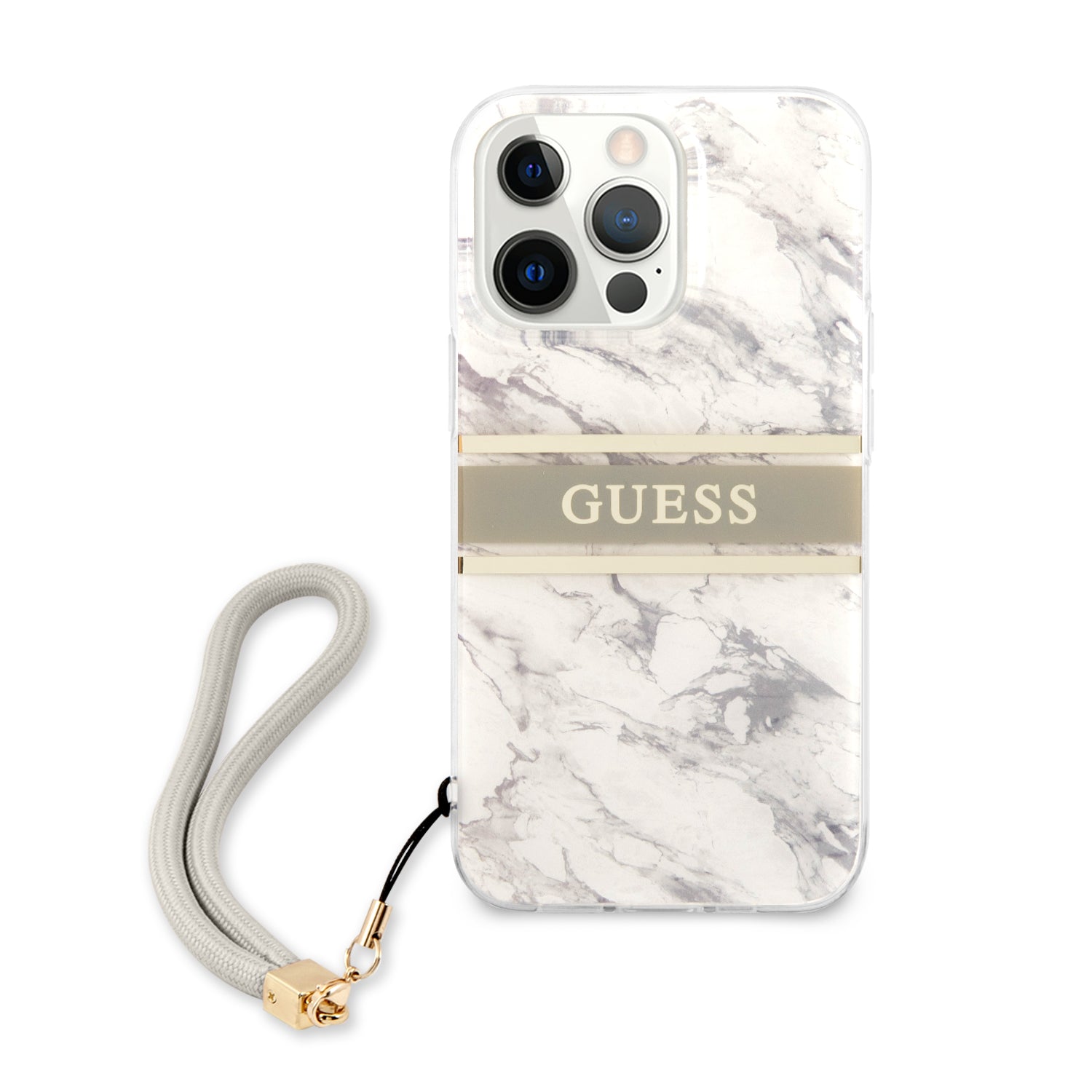 Guess "Marble Collection" Printed Stripe Θήκη προστασίας με όψη μαρμάρου και κορδονάκι χειρός – iPhone 13 Pro (Γκρι/Λευκό)