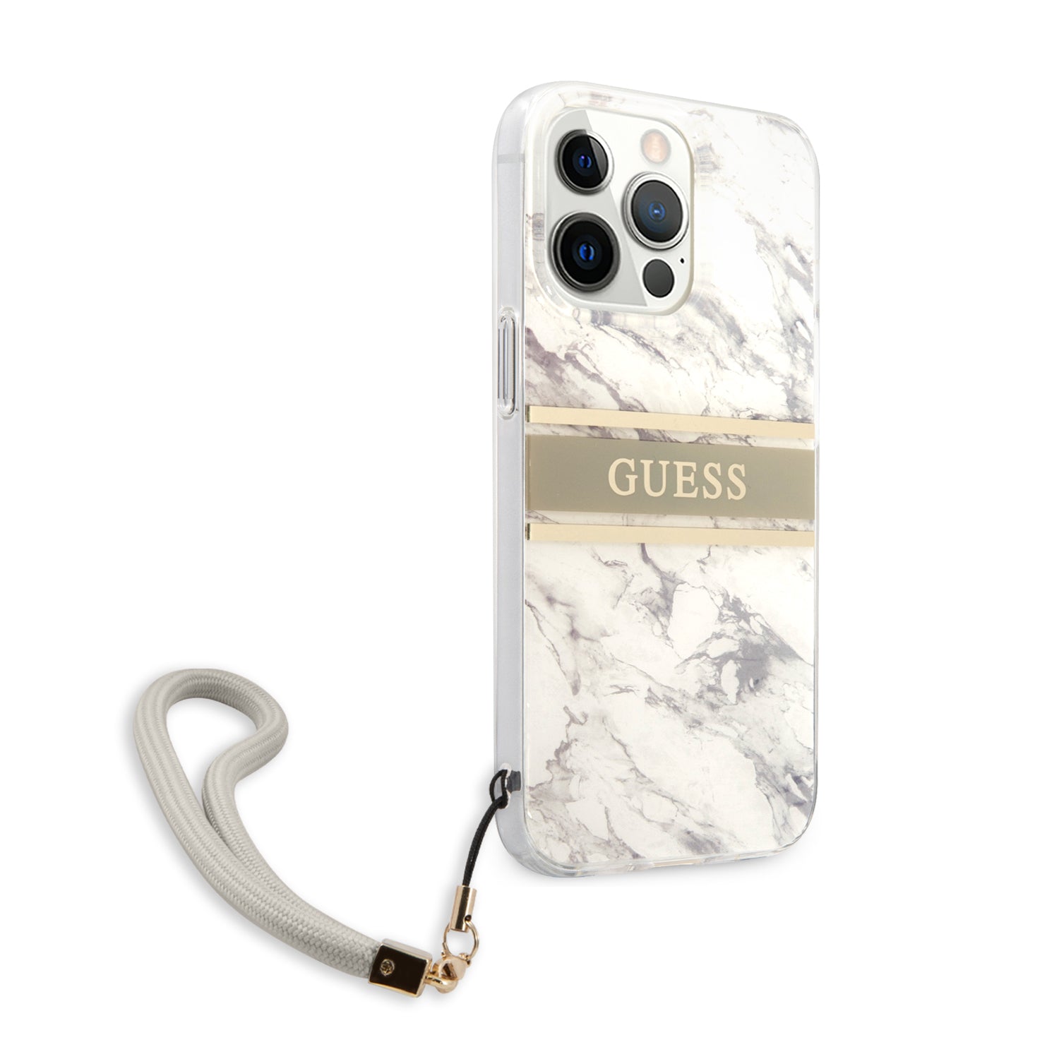 Guess "Marble Collection" Printed Stripe Θήκη προστασίας με όψη μαρμάρου και κορδονάκι χειρός – iPhone 13 Pro (Γκρι/Λευκό)
