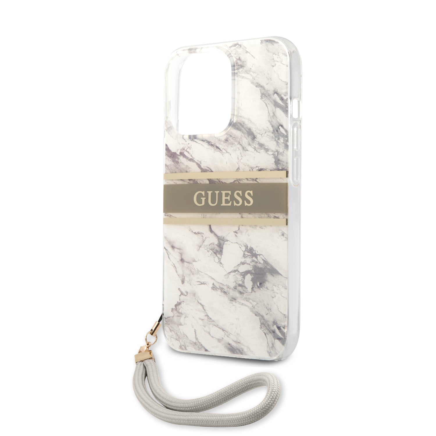 Guess "Marble Collection" Printed Stripe Θήκη προστασίας με όψη μαρμάρου και κορδονάκι χειρός – iPhone 13 Pro (Γκρι/Λευκό)