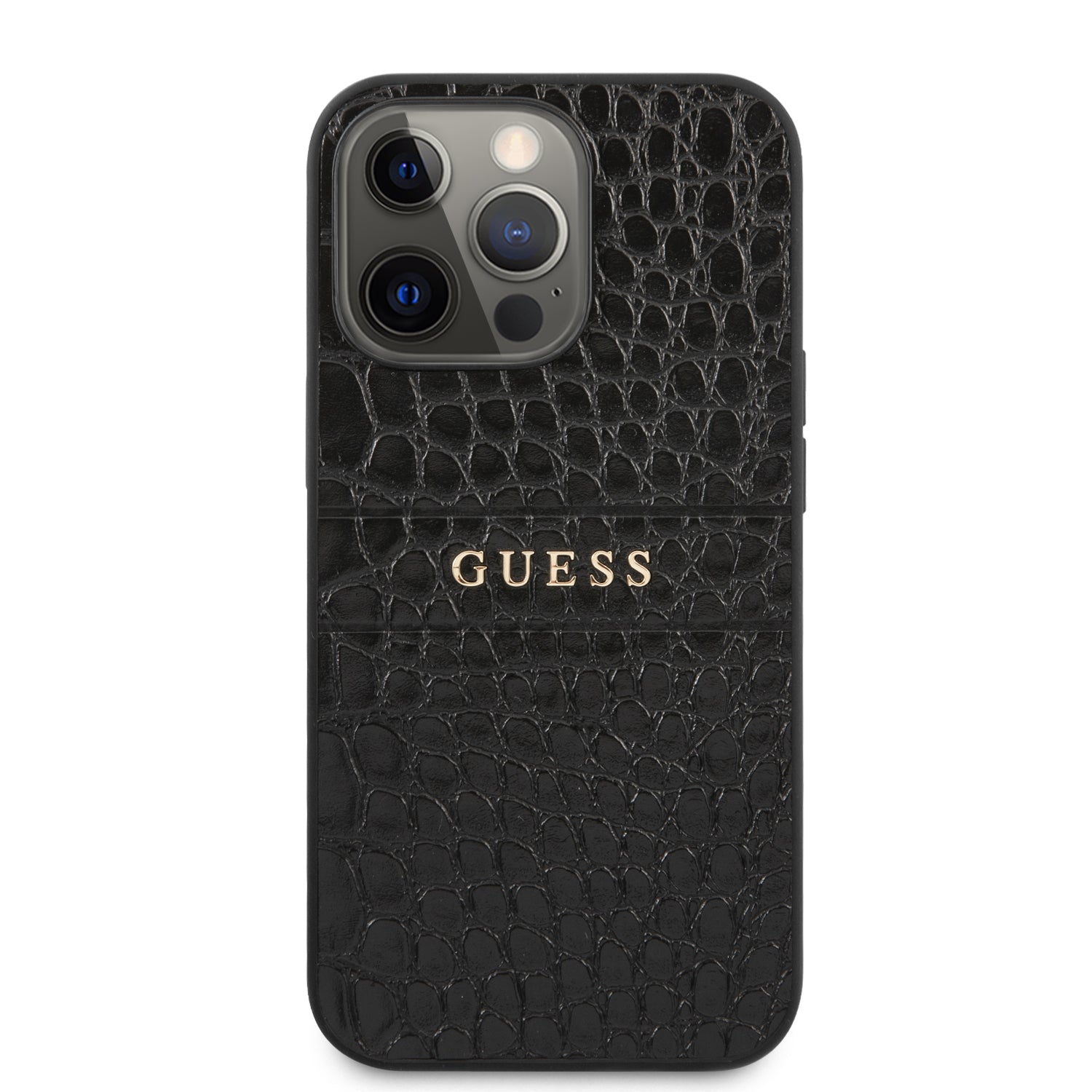 Guess "Croco Collection" Hot Stamp Lines Θήκη προστασίας από δερματίνη με μεταλλικό λογότυπο – iPhone 13 Pro (Μαύρο)