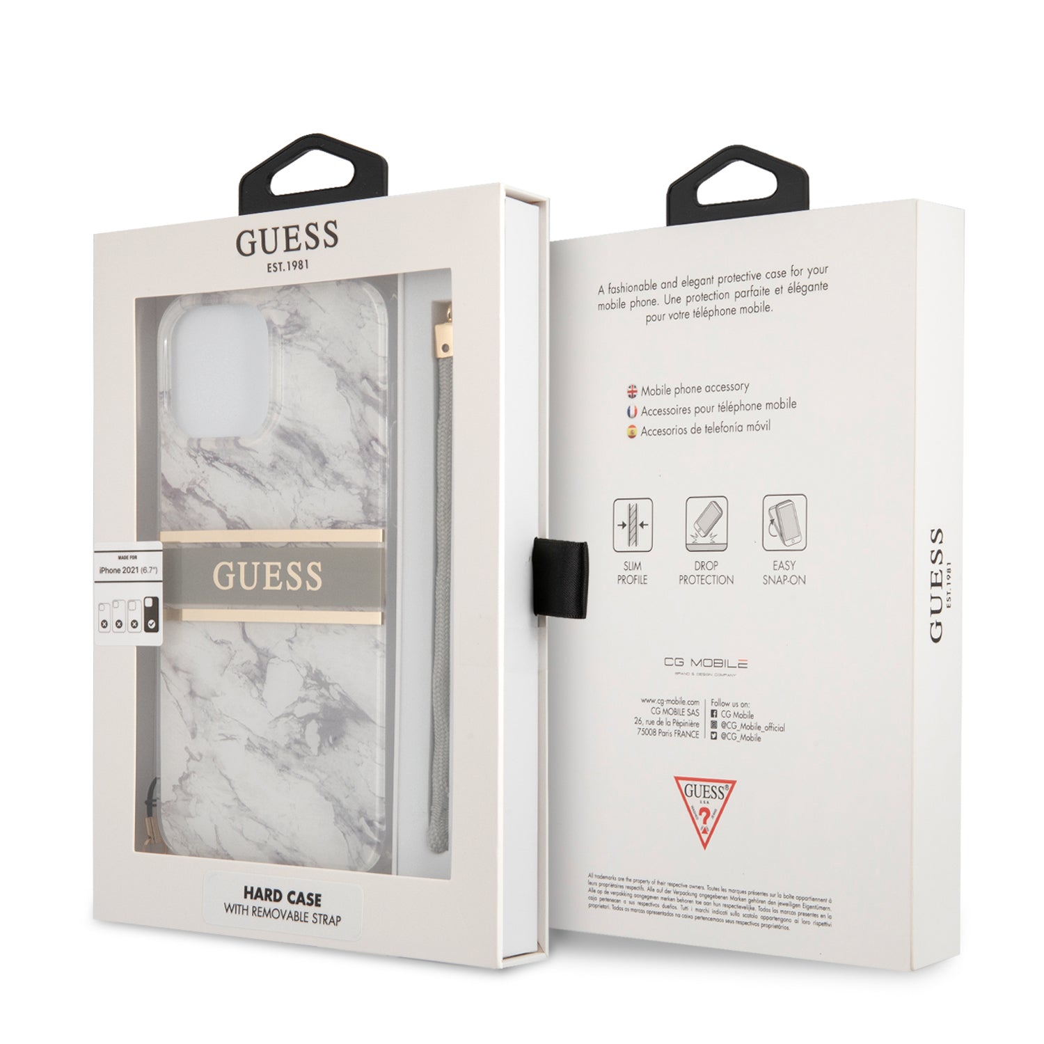 Guess "Marble Collection" Printed Stripe Θήκη προστασίας με όψη μαρμάρου και κορδονάκι χειρός – iPhone 13 Pro Max (Γκρι/Λευκό)