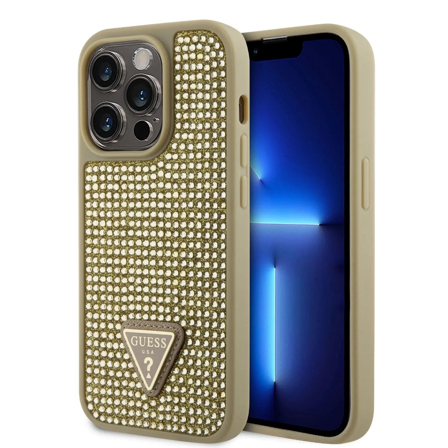 Guess “rhinestones Triangle Metal Logo Collection” Θήκη Προστασίας Για Iphone 14 Pro (χρυσο) – PhoneBazaar