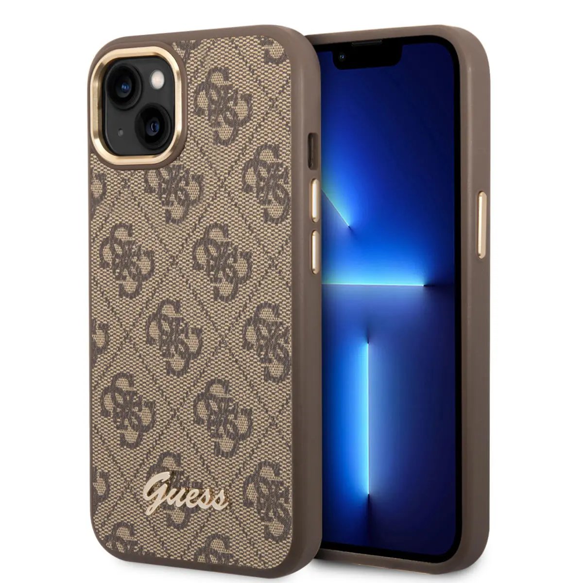 Guess “4G Logo Collection” Script Metal Logo Θήκη προστασίας από δερματίνη – iPhone 14 Plus (Καφέ) – PhoneBazaar