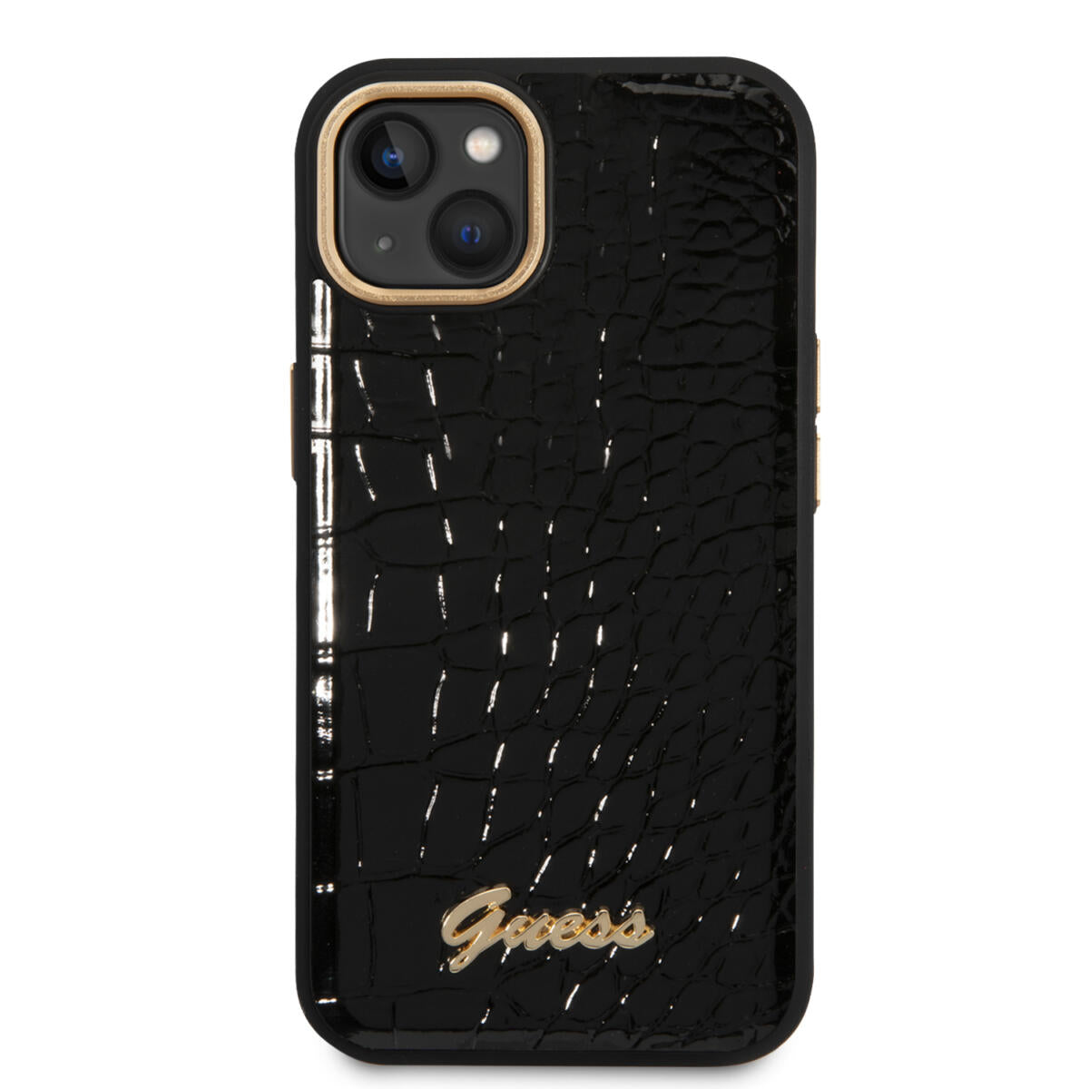 Guess "Croco Collection" Hot Stamp Lines Θήκη προστασίας από δερματίνη με μεταλλικό λογότυπο – iPhone 14 Plus (Μαύρο)
