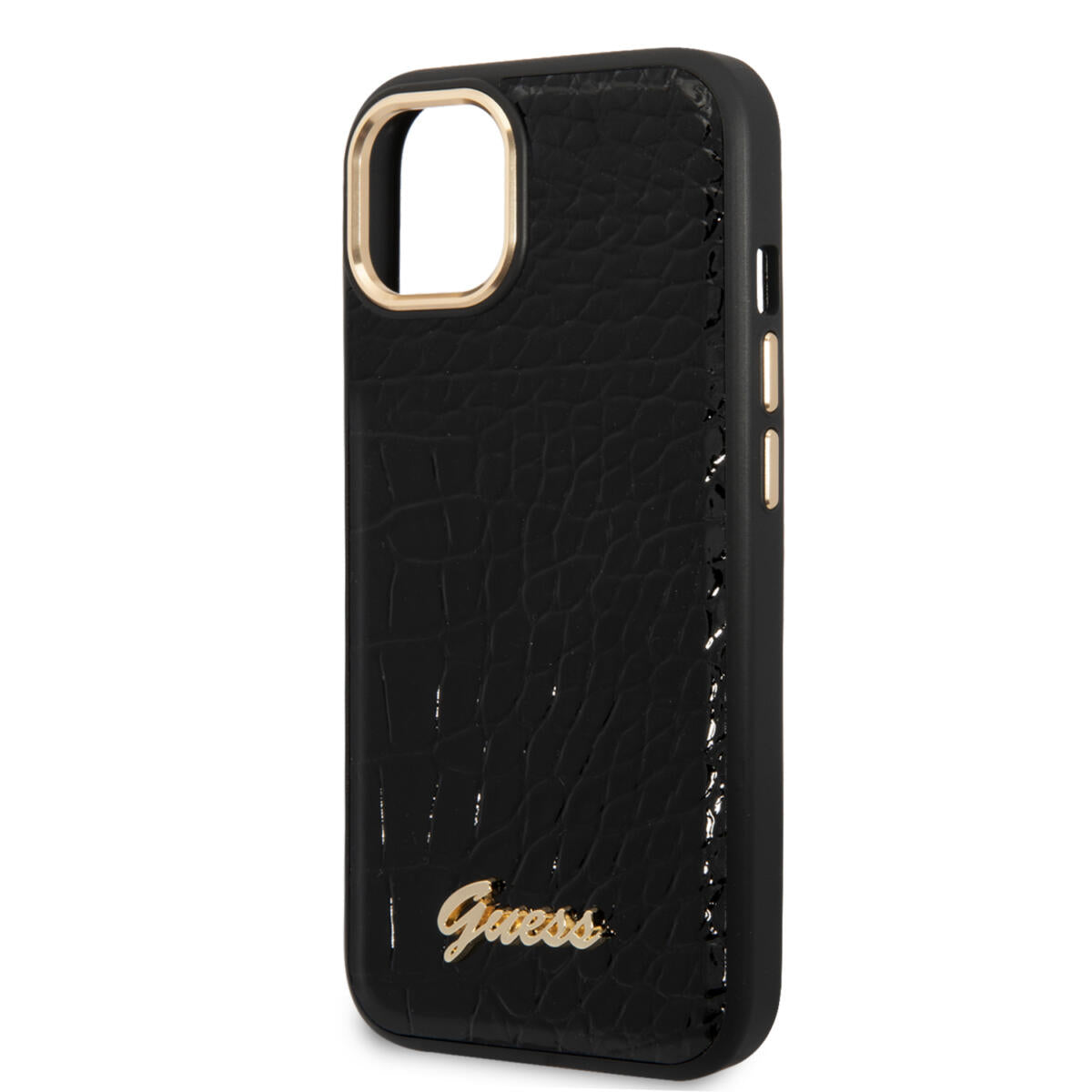 Guess "Croco Collection" Hot Stamp Lines Θήκη προστασίας από δερματίνη με μεταλλικό λογότυπο – iPhone 14 Plus (Μαύρο)