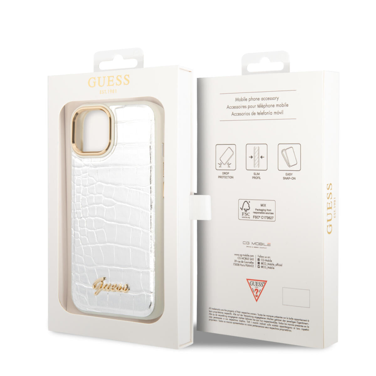 Guess "Croco Collection" Hot Stamp Lines Θήκη προστασίας από δερματίνη με μεταλλικό λογότυπο – iPhone 14 Plus (Λευκό)