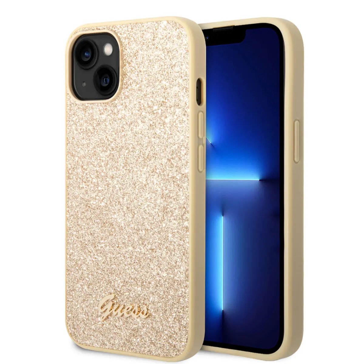 Guess Glitter Flakes Case with Ikonik Patch and Vintage Script Logo Θήκη προστασίας από σιλικόνη – iPhone 14 Plus (Glitter Gold) – PhoneBazaar