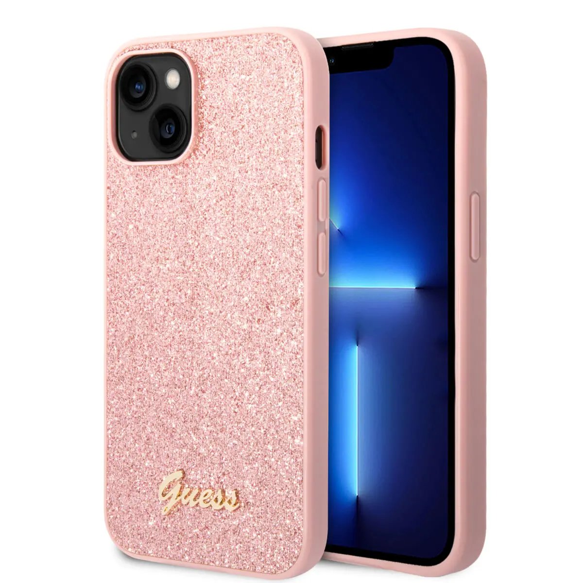Guess Glitter Flakes Case with Ikonik Patch and Vintage Script Logo Θήκη προστασίας από σιλικόνη – iPhone 14 Plus  (Glitter Pink) – PhoneBazaar