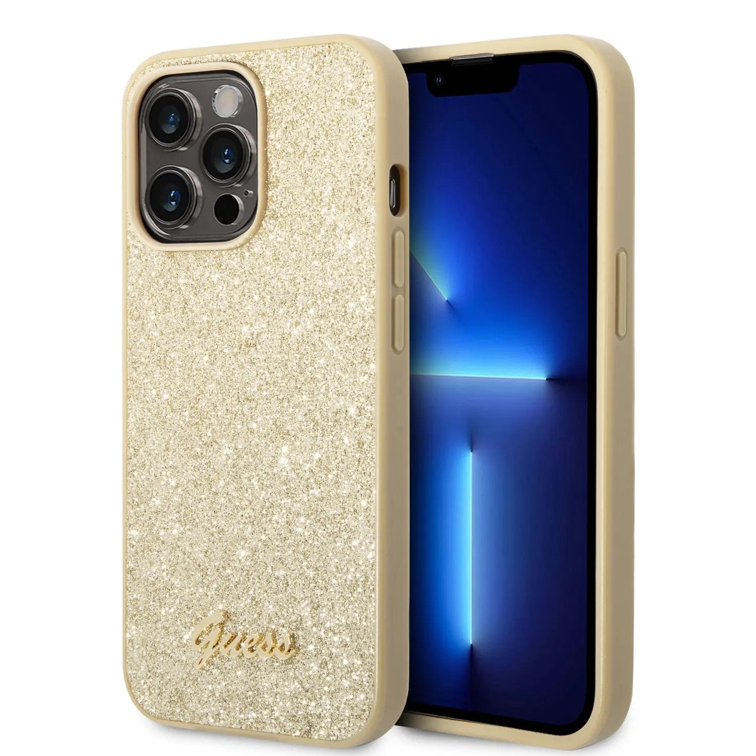 Guess Glitter Flakes Case With Ikonik Patch And Vintage Script Logo Θήκη Προστασίας Απο Σιλικόνη – Iphone 14 Pro Max (glitter Gold) – PhoneBazaar