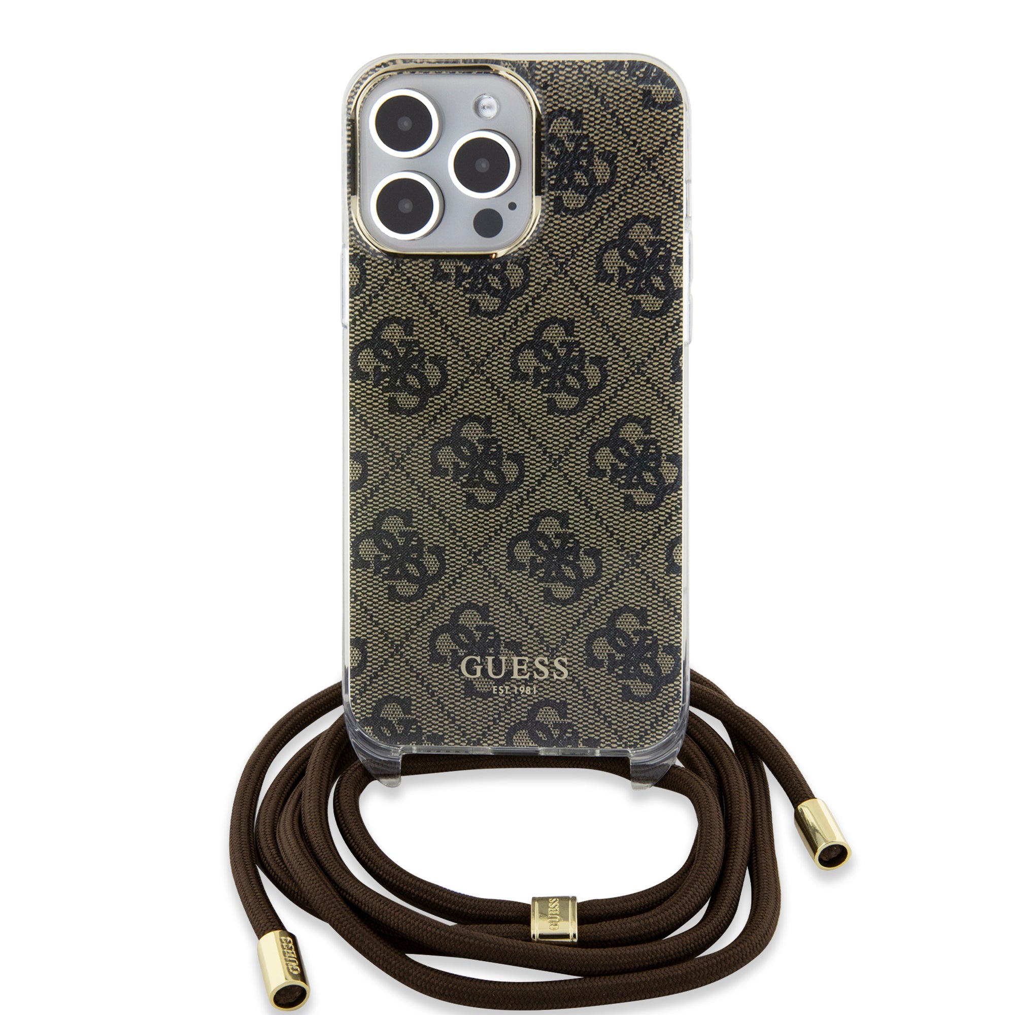 Guess "4G Logo Collection" Crossbody Hard Case Script Metal Logo Θήκη προστασίας από σιλικόνη με λουράκι – iPhone 15 Pro (Καφέ – GUHCP15LHC4SEW)