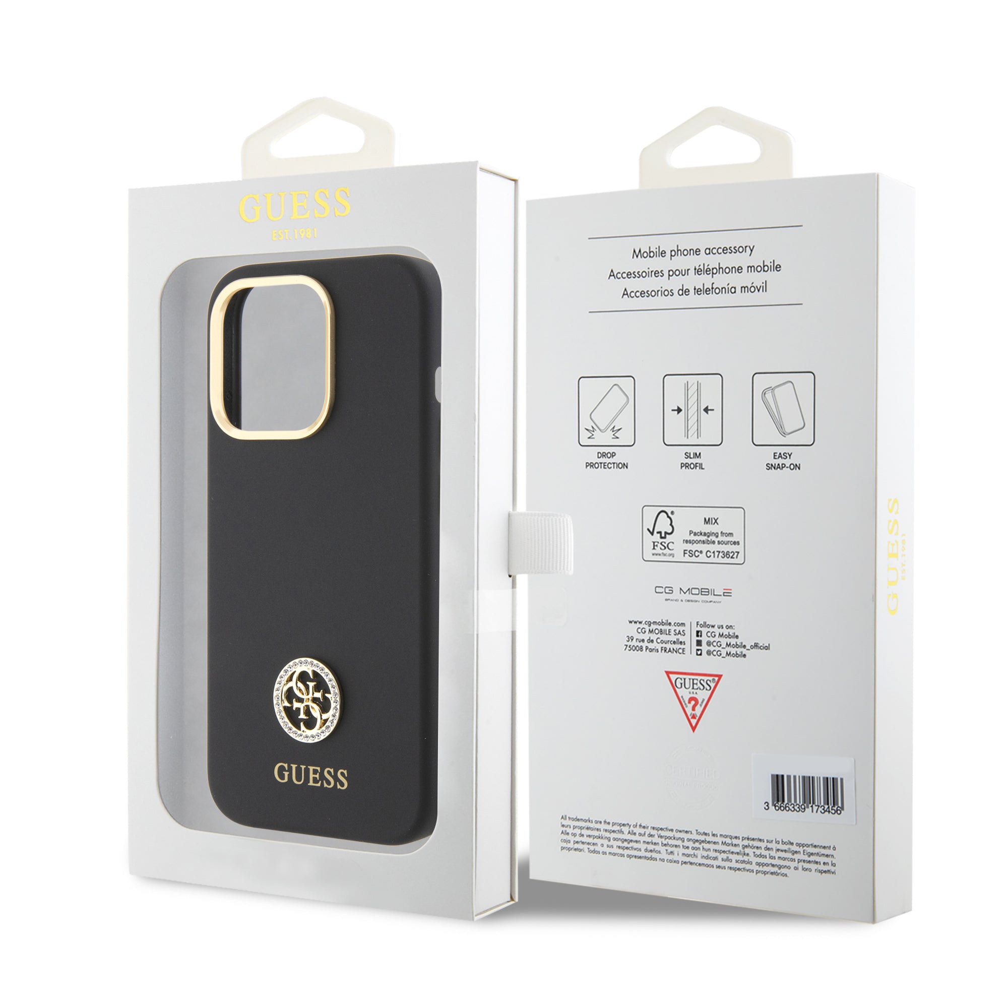 Guess "4G Strass Logo Collection" Case Θήκη προστασίας από σιλικόνη – iPhone 15 Pro (Black – GUHCP15LM4DGPK)
