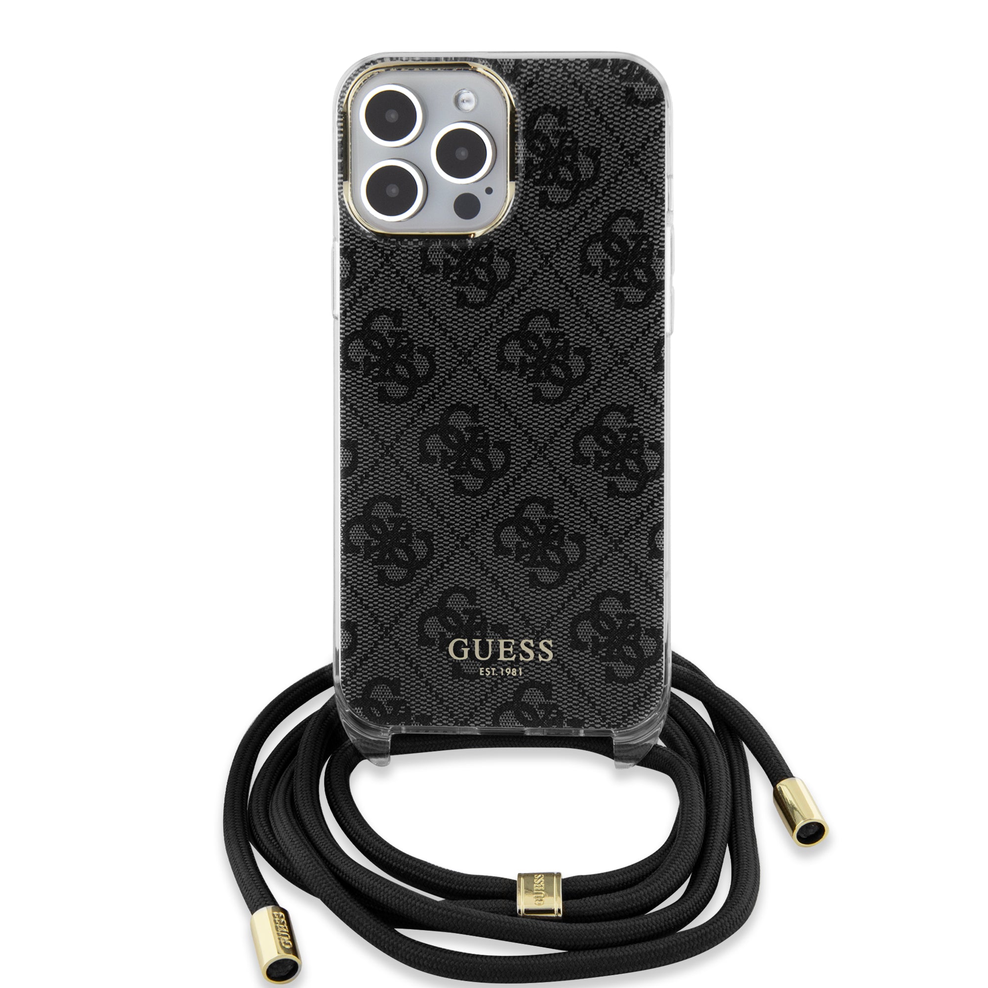 Guess "4G Logo Collection" Crossbody Hard Case Script Metal Logo Θήκη προστασίας από σιλικόνη με λουράκι – iPhone 15 Pro (Μαύρο – GUHCP15LHC4SEK)