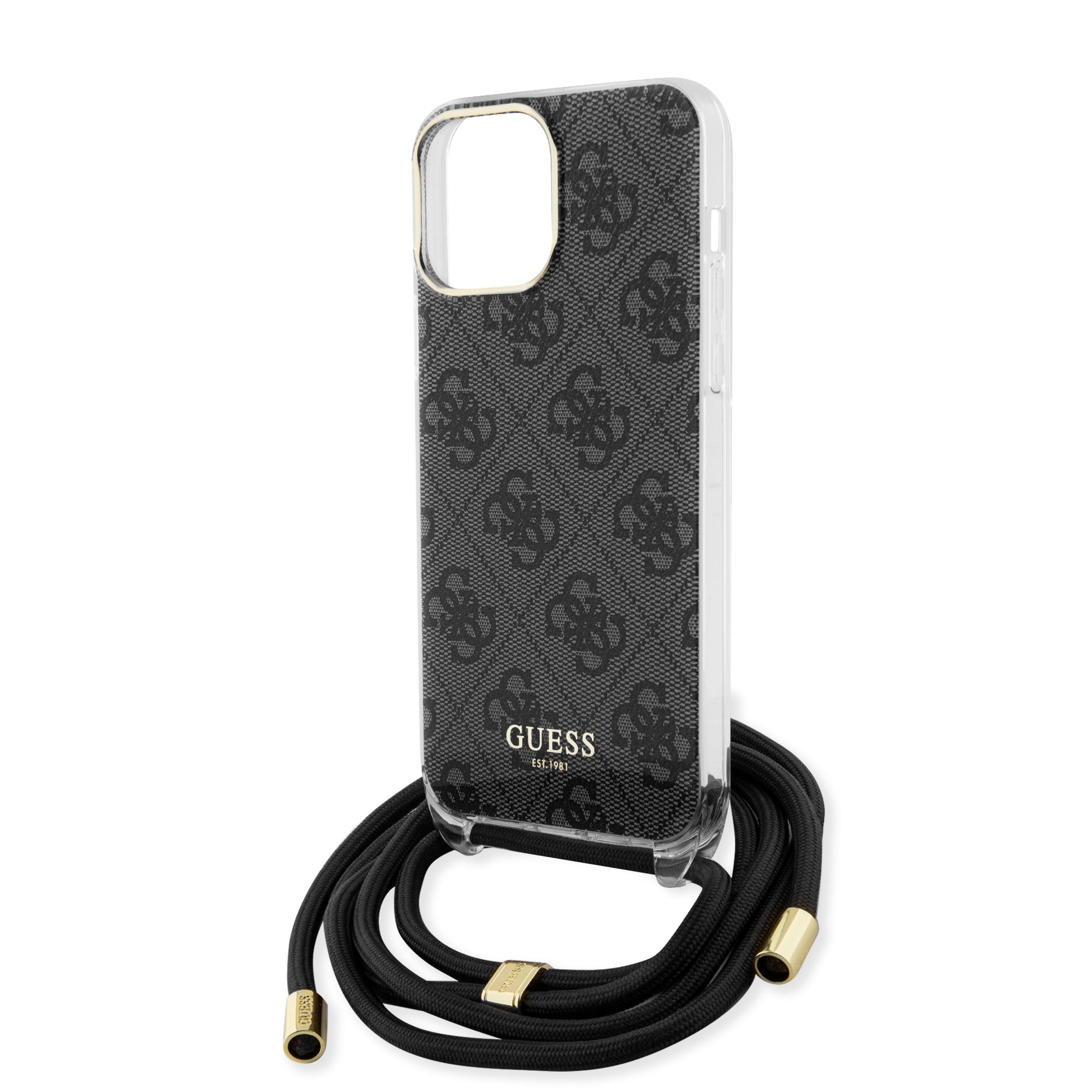 Guess "4G Logo Collection" Crossbody Hard Case Script Metal Logo Θήκη προστασίας από σιλικόνη με λουράκι – iPhone 15 Pro (Μαύρο – GUHCP15LHC4SEK)