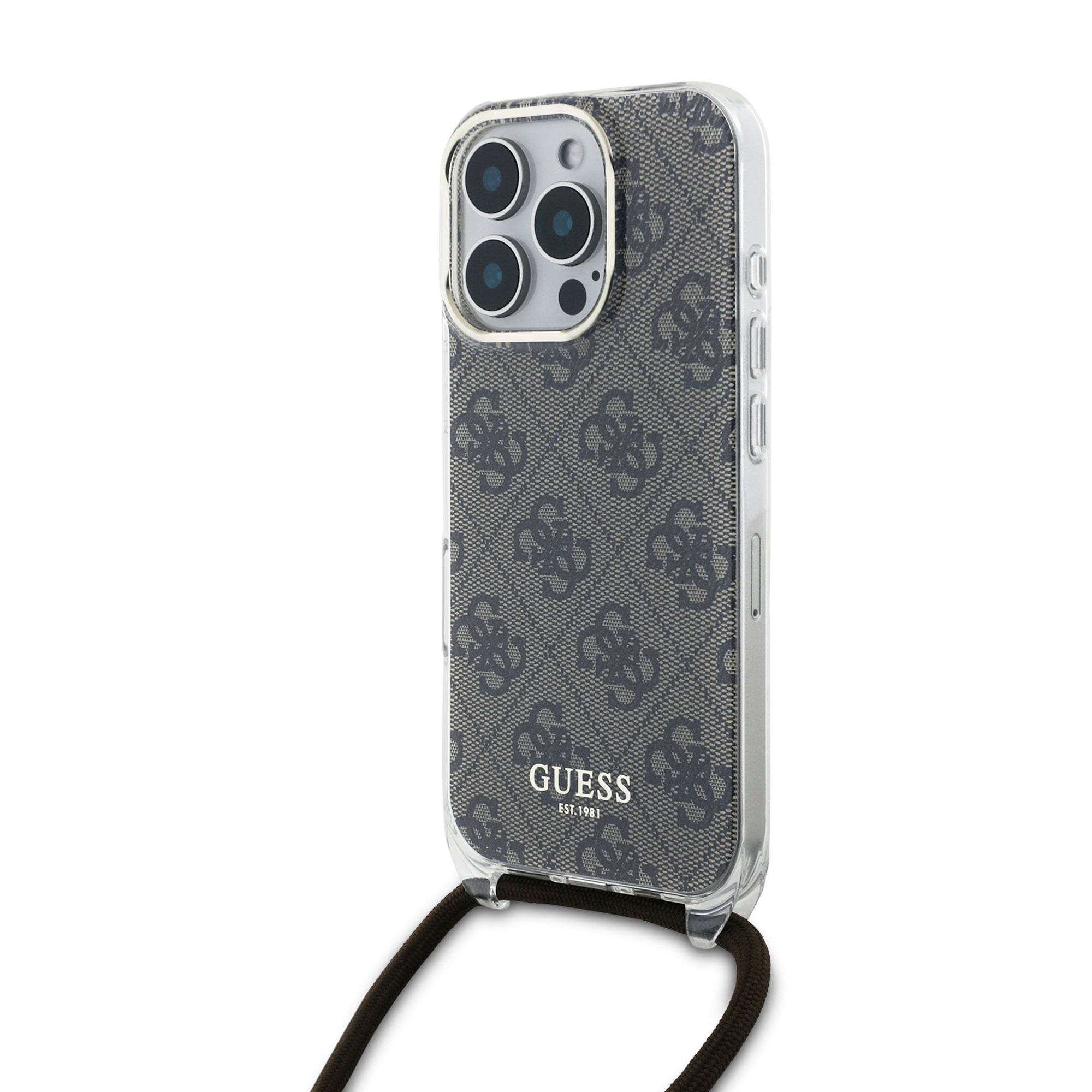 Guess “4G Logo Collection” Crossbody Hard Case Script Metal Logo Θήκη προστασίας από σιλικόνη με λουράκι – iPhone 16 Pro (Καφέ – GUHCP16LHC4SEW) – PhoneBazaar