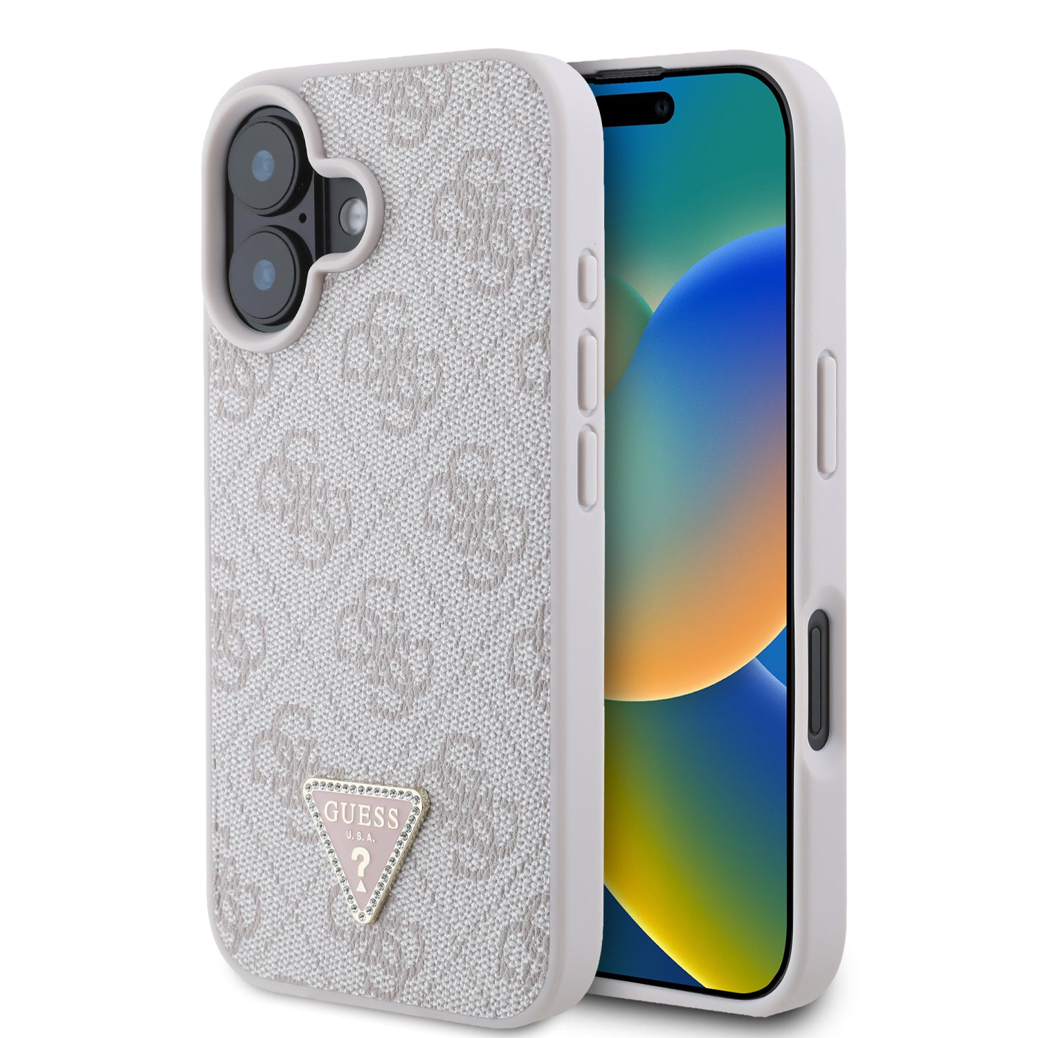 Guess “Triangle Metal Logo Strass Collection” Case Θήκη προστασίας από δερματίνη – iPhone 16 (Ροζ – GUHCP16SP4TDPP) – PhoneBazaar