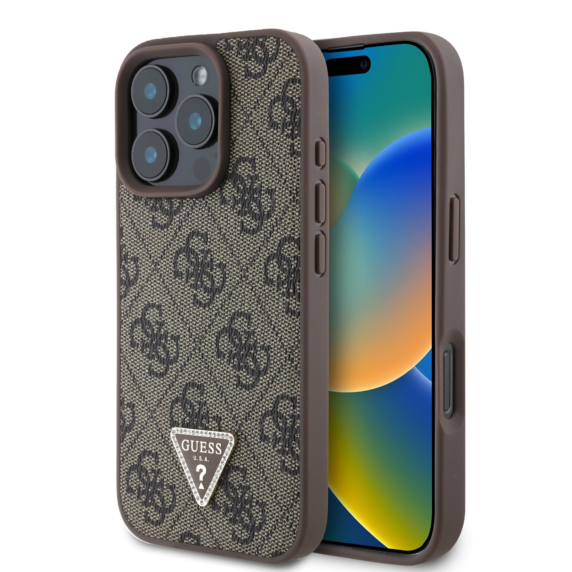 Guess “4G Triangle Strass Collection ” Hard Case Θήκη προστασίας από δερματίνη– iPhone 16 Pro Max (Καφέ – GUHCP16XP4TDPW) – PhoneBazaar