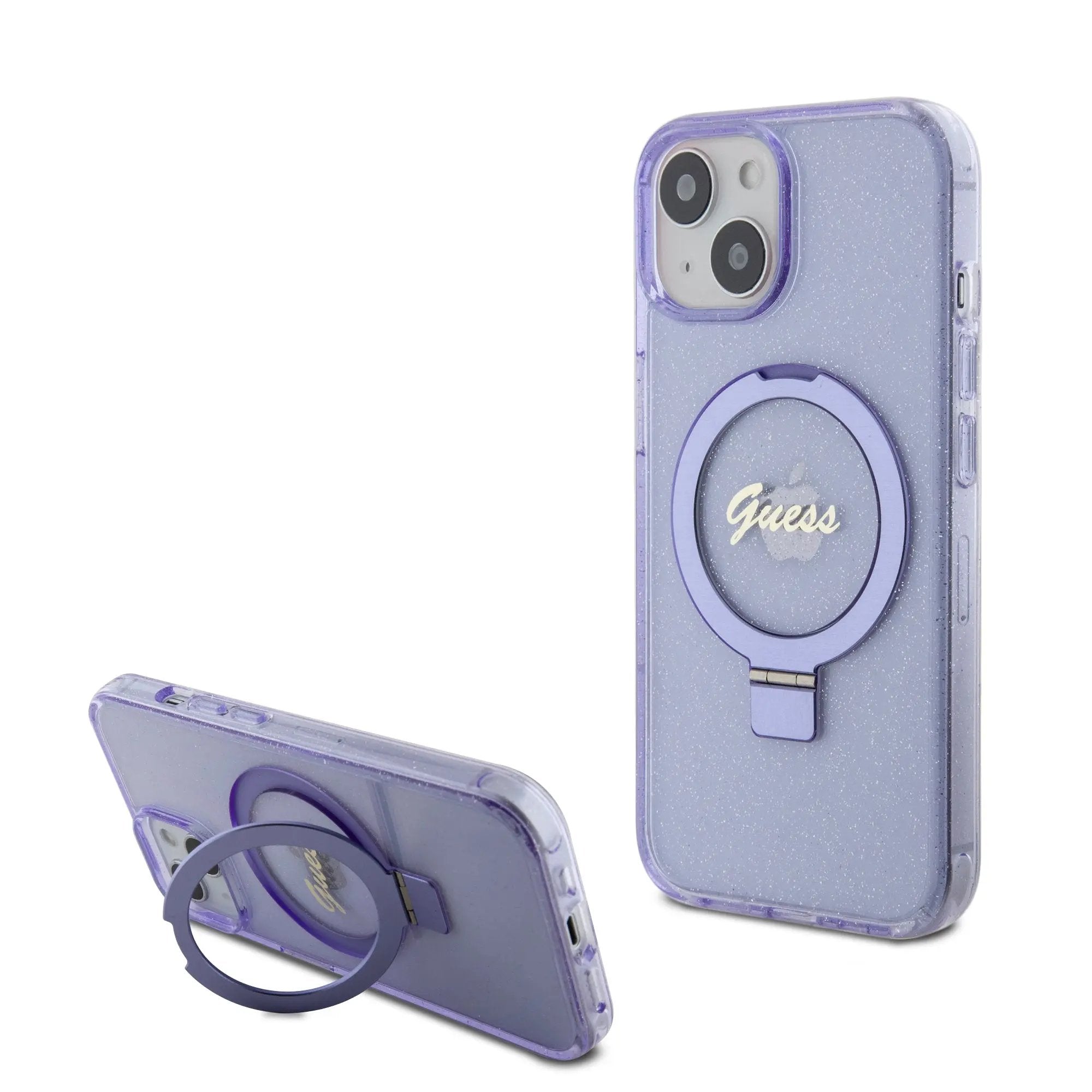 Guess MagSafe Ring Stand Glitter Hard Case Script Logo Θήκη προστασίας από σιλικόνη – iPhone 15 (Διάφανη / Μωβ – GUHMP15SHRSGSU) – PhoneBazaar
