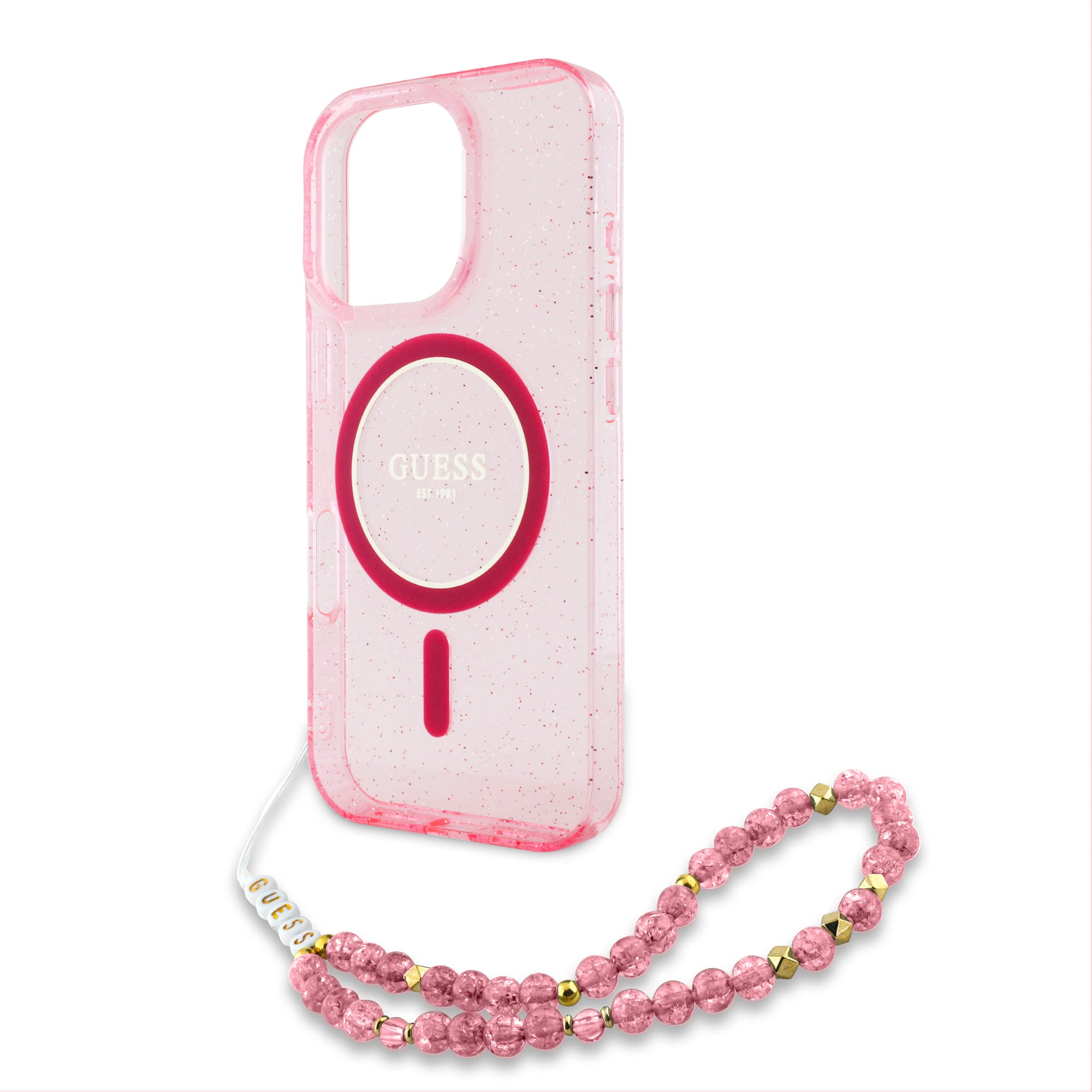 Guess Magsafe “Glitter with Pearl Strap” Hard Case Θήκη προστασίας από σκληρό πλαστικό – iPhone 16 Pro (Ροζ – GUHMP16LHGCRELSF)